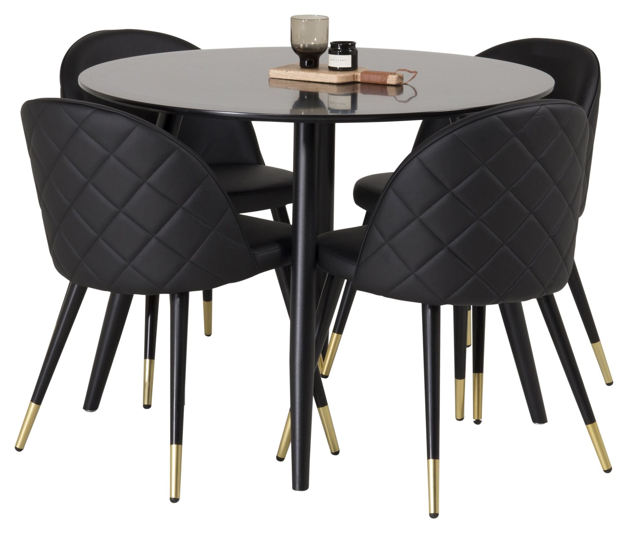 Venture Home Plaza Runt Matbord - Svart / Svart - ø100*H75 +Velvet dining chair brass w. stiches in back - Black / PU _4