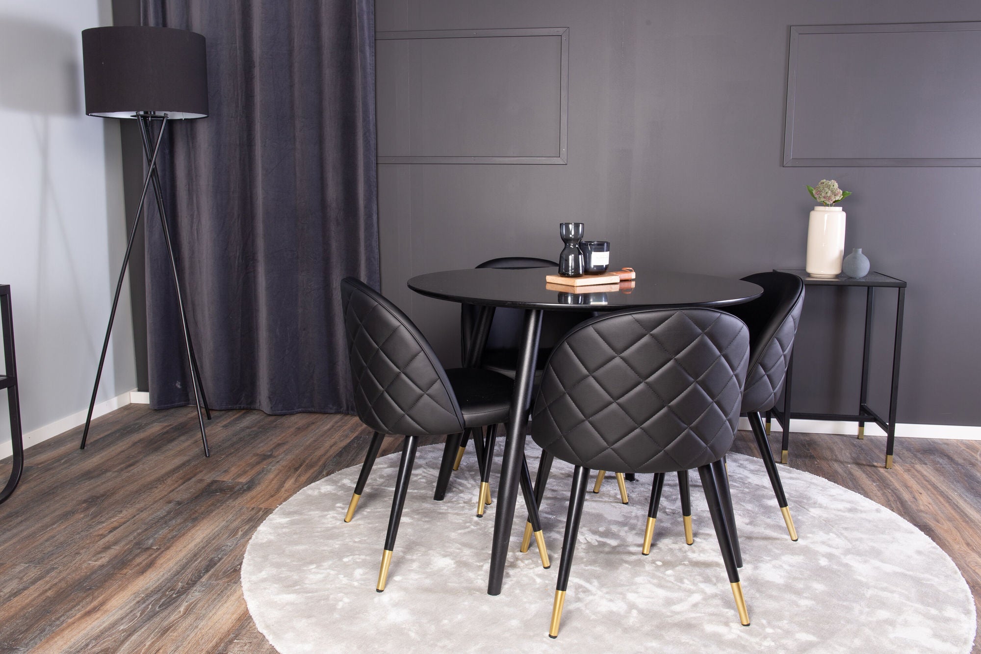 Venture Home Plaza Runt Matbord - Svart / Svart - ø100*H75 +Velvet dining chair brass w. stiches in back - Black / PU _4