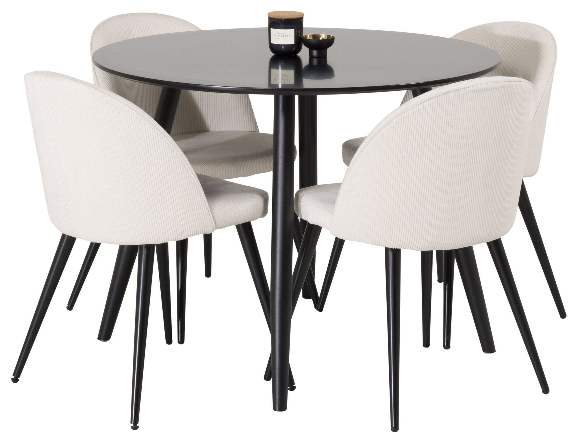 Venture Home Plaza Runt Matbord - Svart / Svart - ø100*H75 +Velvet Spisebordsstol - Black Legs / Beige Corduroy _4