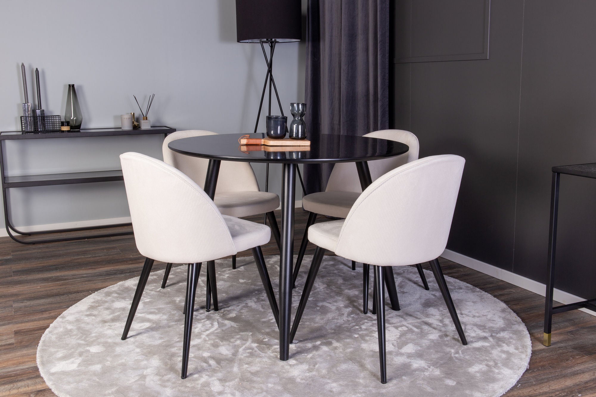 Venture Home Plaza Runt Matbord - Svart / Svart - ø100*H75 +Velvet Spisebordsstol - Black Legs / Beige Corduroy _4