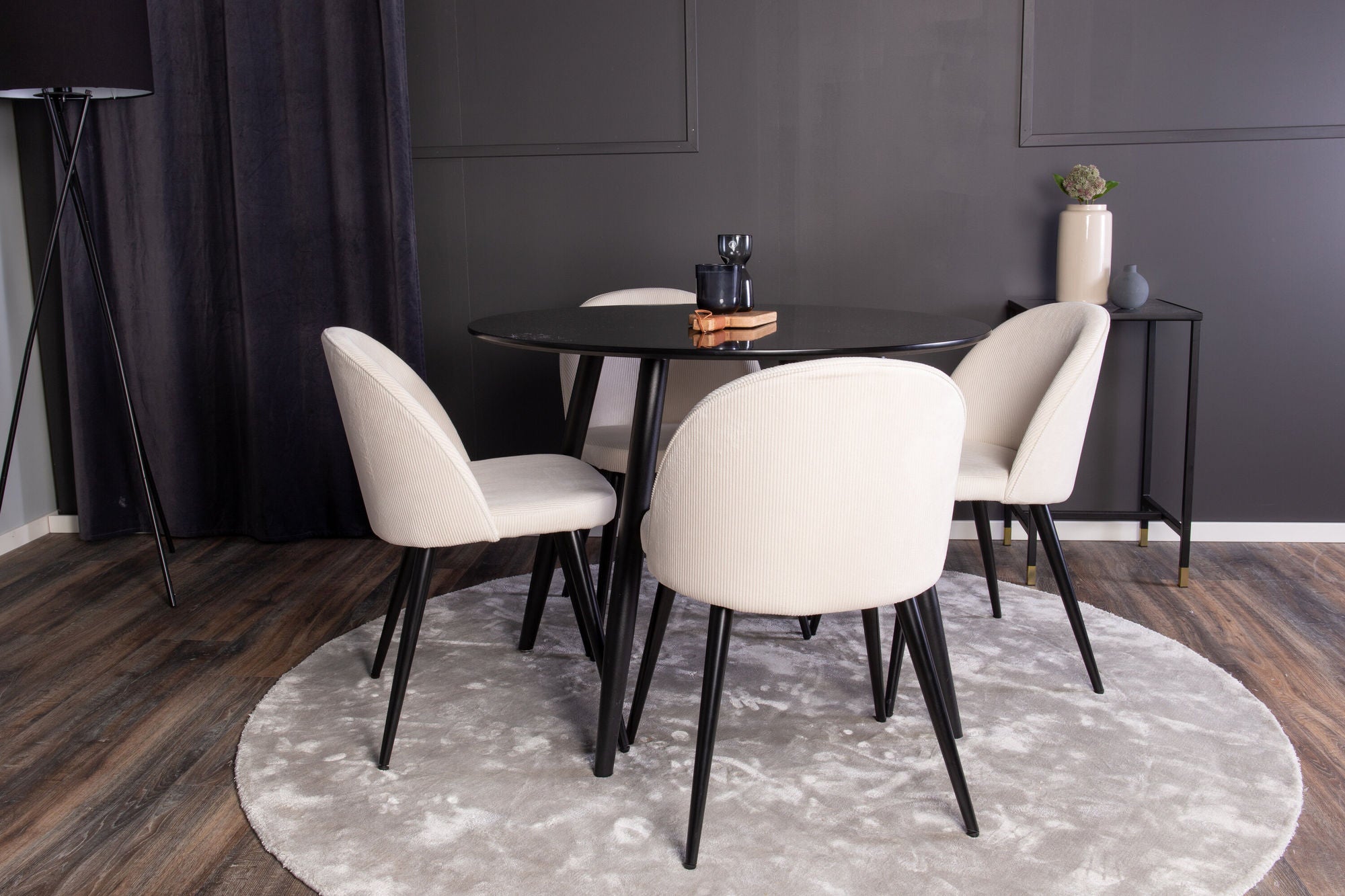 Venture Home Plaza Runt Matbord - Svart / Svart - ø100*H75 +Velvet Spisebordsstol - Black Legs / Beige Corduroy _4
