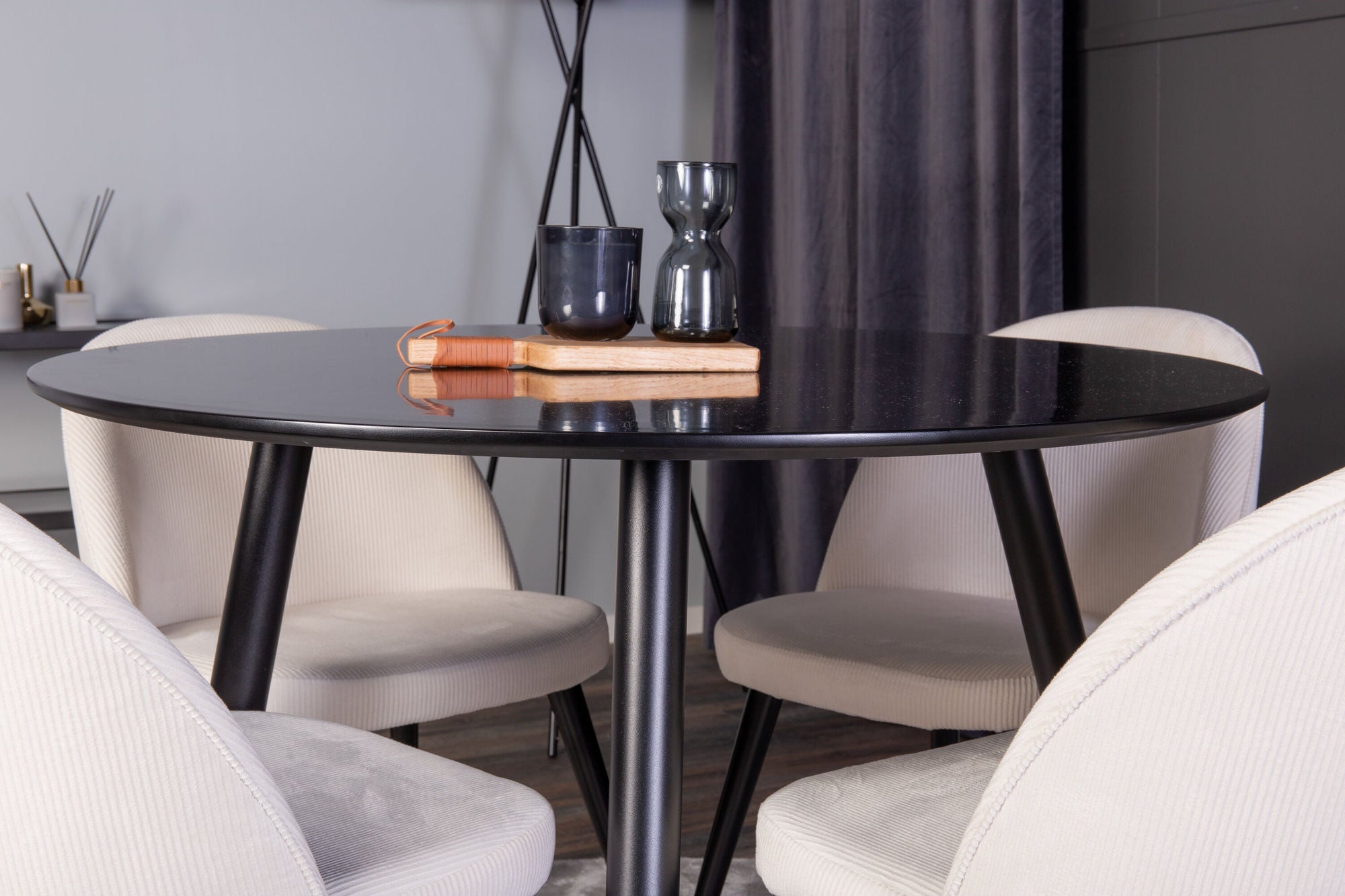 Venture Home Plaza Runt Matbord - Svart / Svart - ø100*H75 +Velvet Spisebordsstol - Black Legs / Beige Corduroy _4