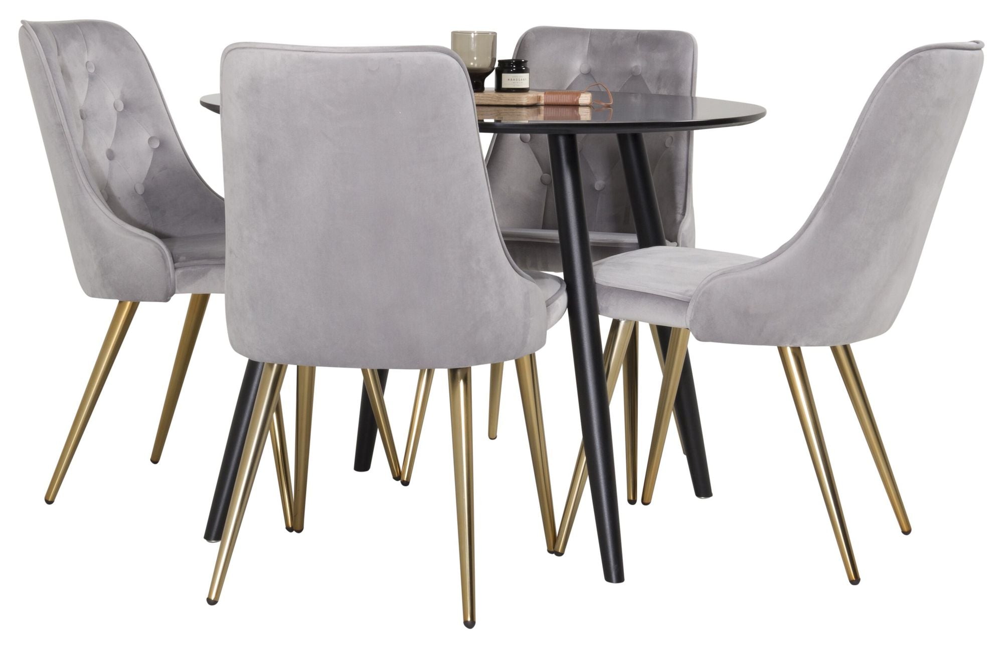 Venture Home Plaza Runt Matbord - Svart / Svart - ø100*H75 +Velvet Deluxe Spisebordsstol - Brushed brass leg / Light Grey Velvet _4