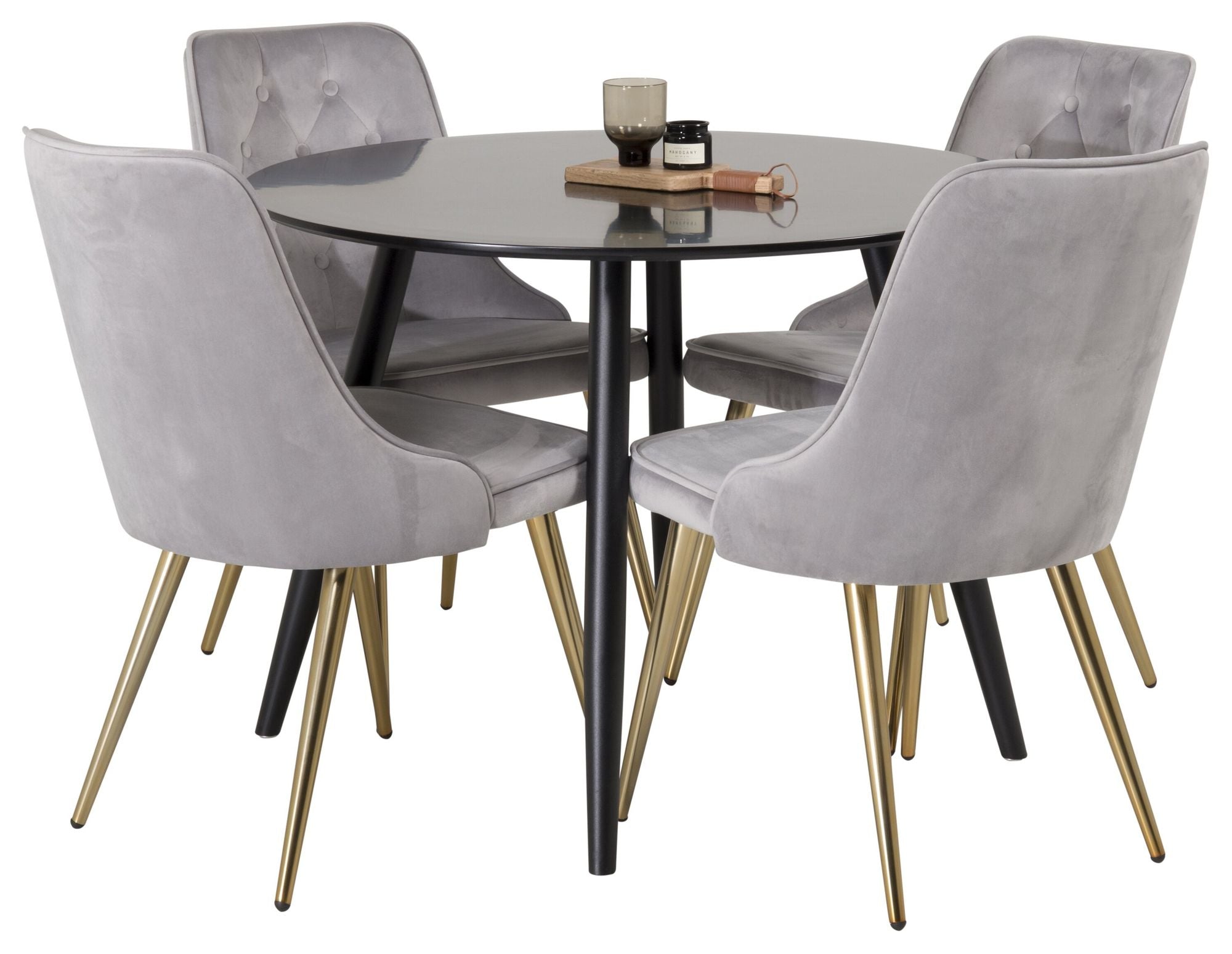 Venture Home Plaza Runt Matbord - Svart / Svart - ø100*H75 +Velvet Deluxe Spisebordsstol - Brushed brass leg / Light Grey Velvet _4