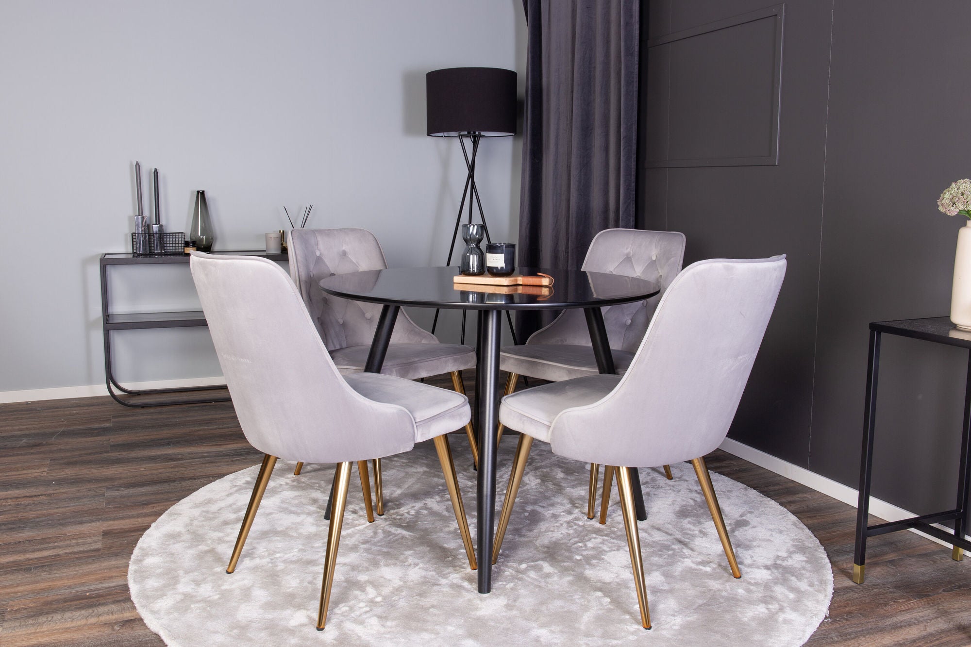 Venture Home Plaza Runt Matbord - Svart / Svart - ø100*H75 +Velvet Deluxe Spisebordsstol - Brushed brass leg / Light Grey Velvet _4