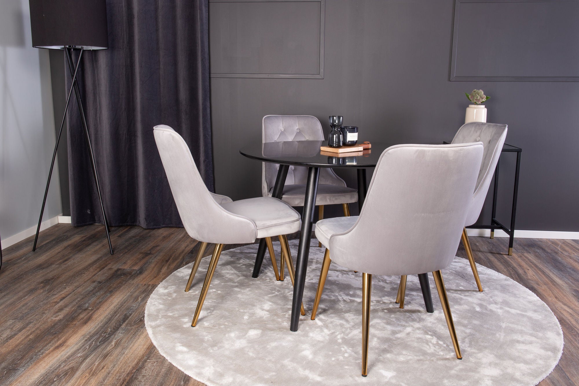Venture Home Plaza Runt Matbord - Svart / Svart - ø100*H75 +Velvet Deluxe Spisebordsstol - Brushed brass leg / Light Grey Velvet _4