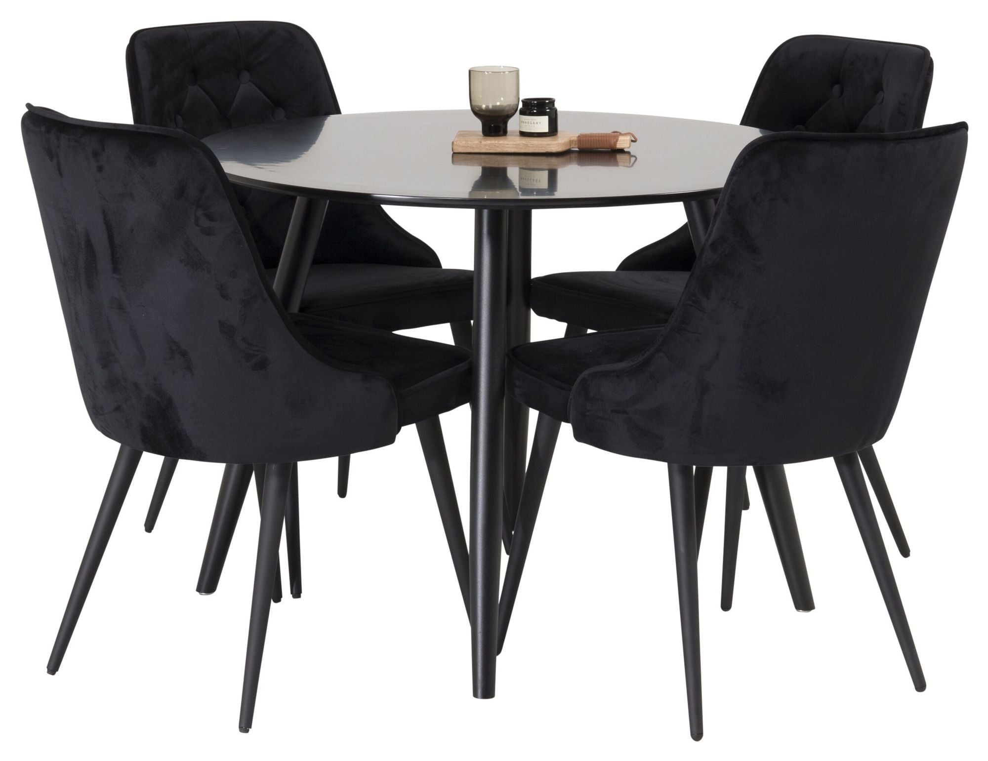 Venture Home Plaza Runt Matbord - Svart / Svart - ø100*H75 +Velvet Deluxe Spisebordsstol - Black legs / Black velvet _4