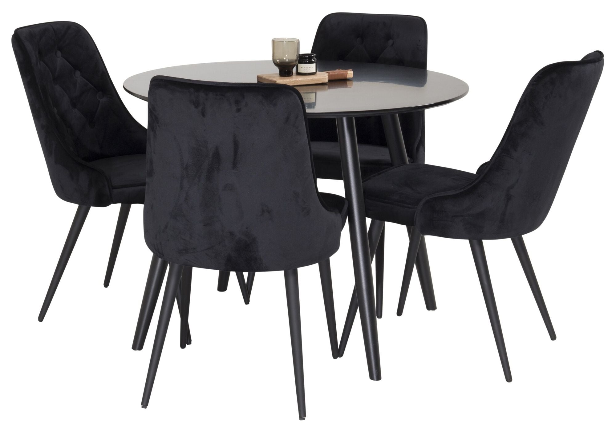 Venture Home Plaza Runt Matbord - Svart / Svart - ø100*H75 +Velvet Deluxe Spisebordsstol - Black legs / Black velvet _4