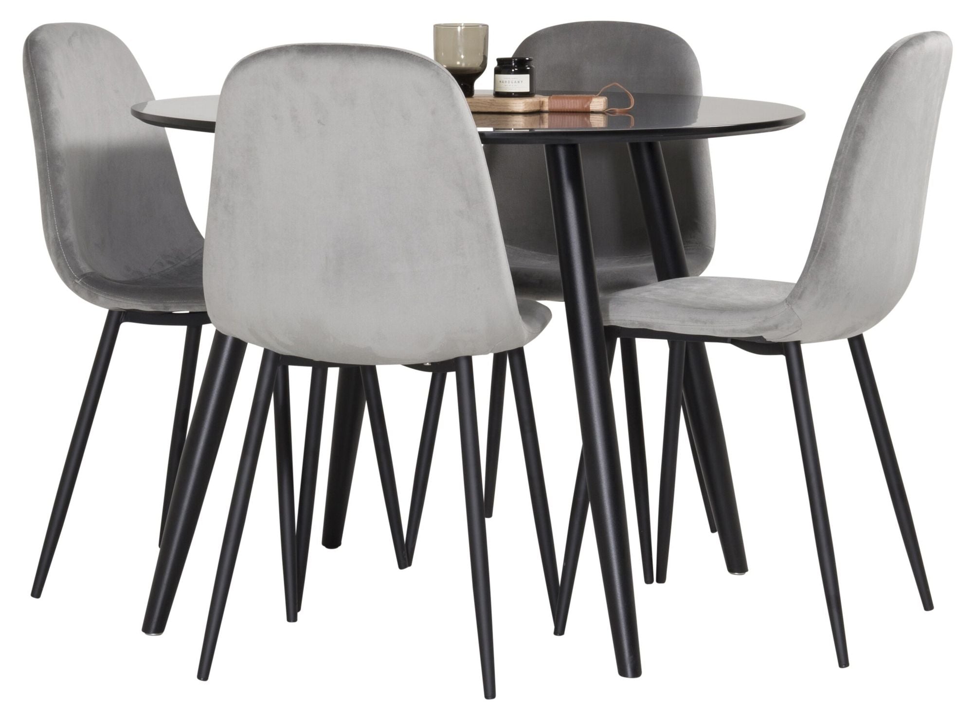 Venture Home Plaza Runt Matbord - Svart / Svart - ø100*H75 +Polar Spisebordsstol - Black legs / Light Grey Velvet _4