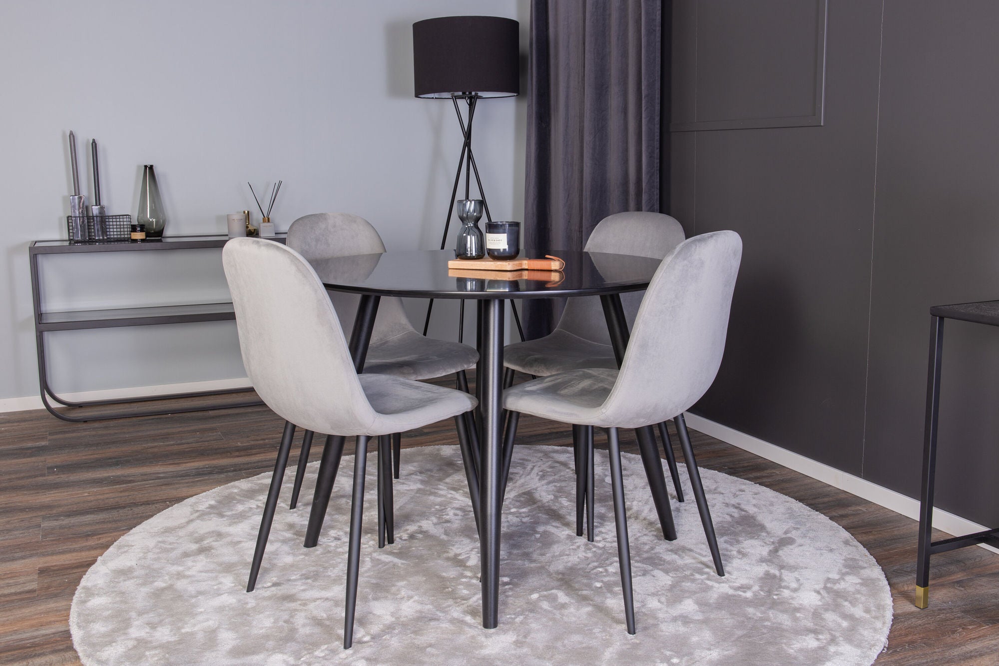 Venture Home Plaza Runt Matbord - Svart / Svart - ø100*H75 +Polar Spisebordsstol - Black legs / Light Grey Velvet _4