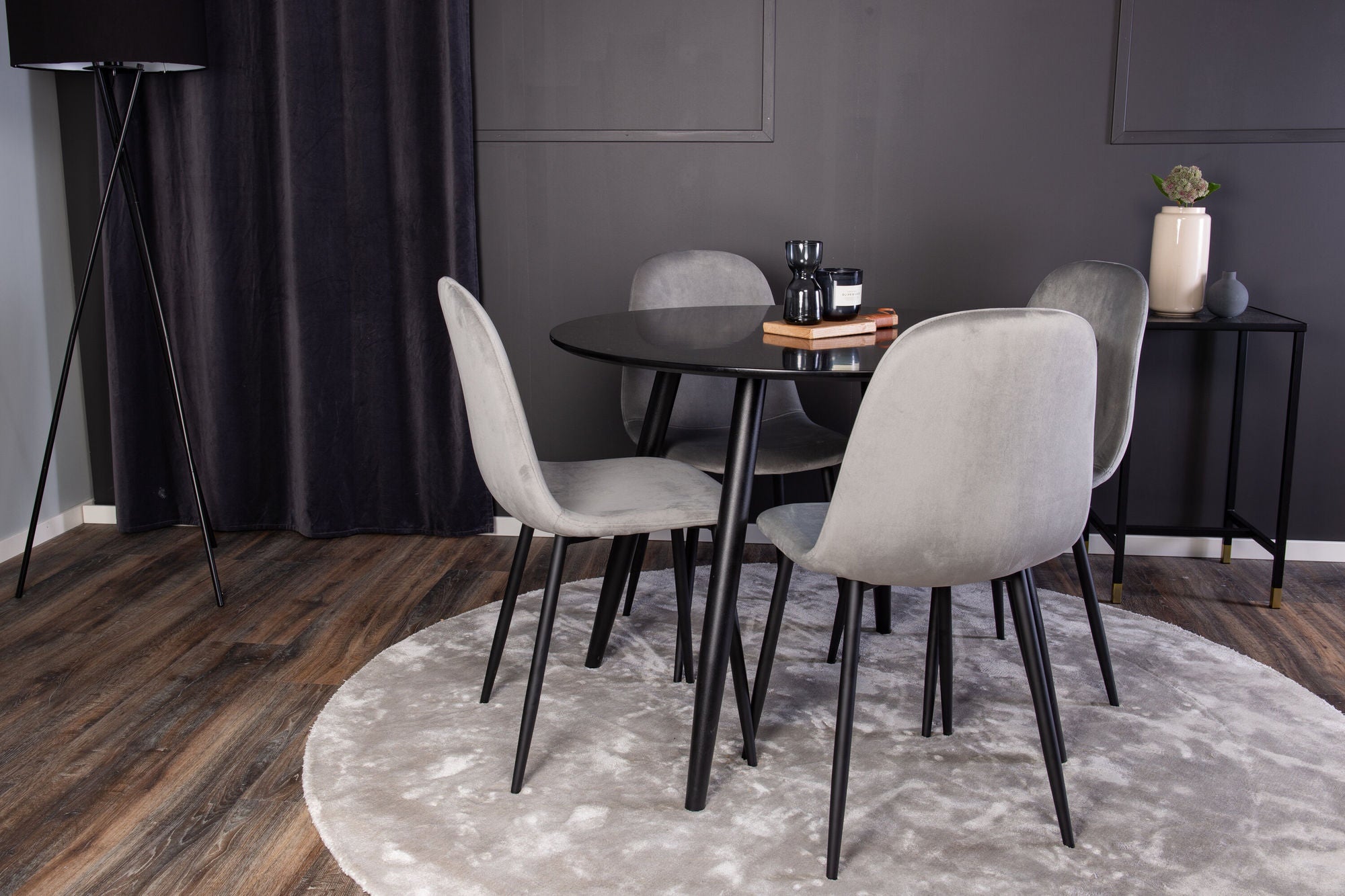 Venture Home Plaza Runt Matbord - Svart / Svart - ø100*H75 +Polar Spisebordsstol - Black legs / Light Grey Velvet _4