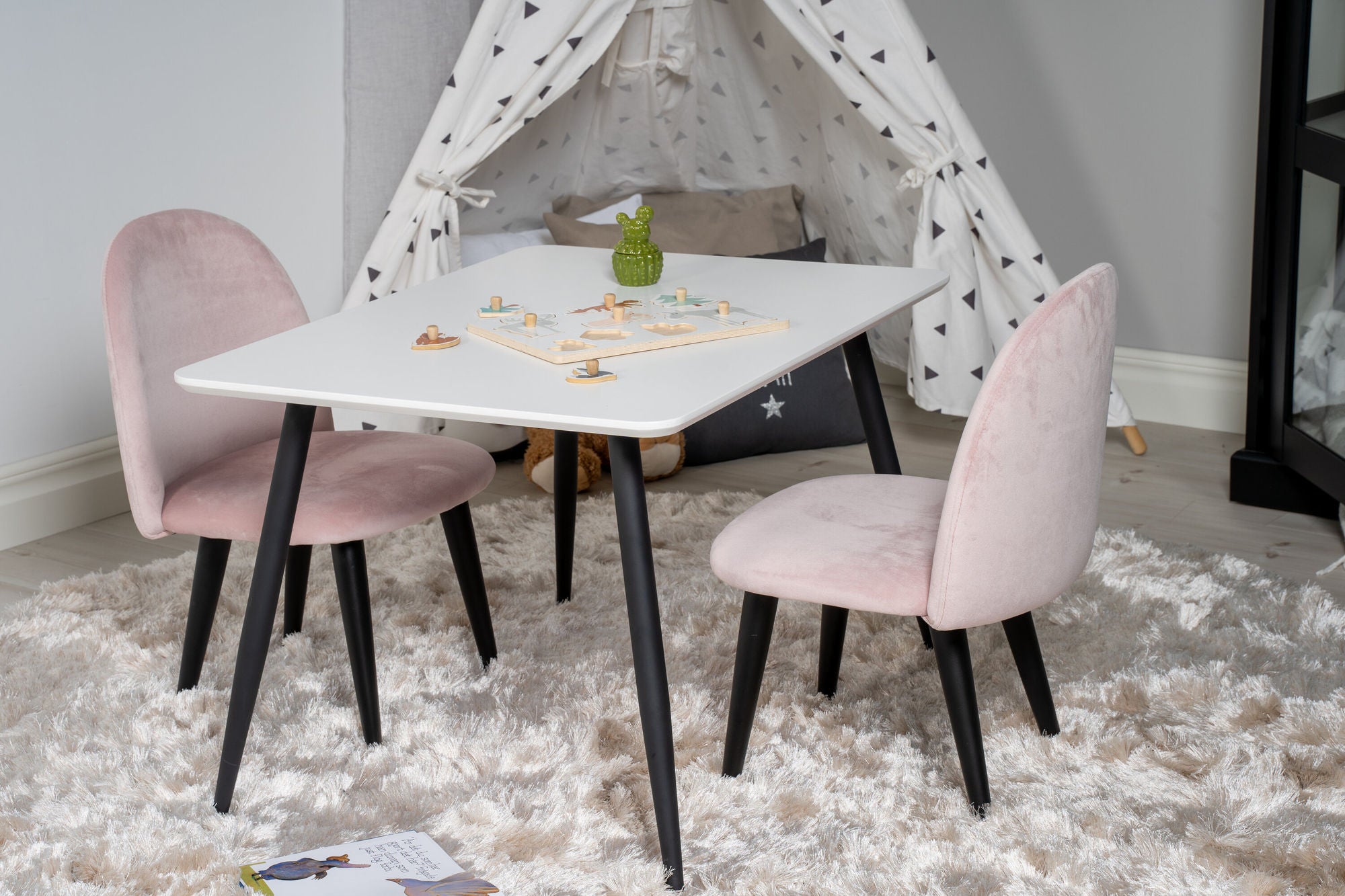 Venture Home Polar spisebord 80*60 XXS - White / Black +Velvet Spisebordsstol XXS - Pink Velvet _2
