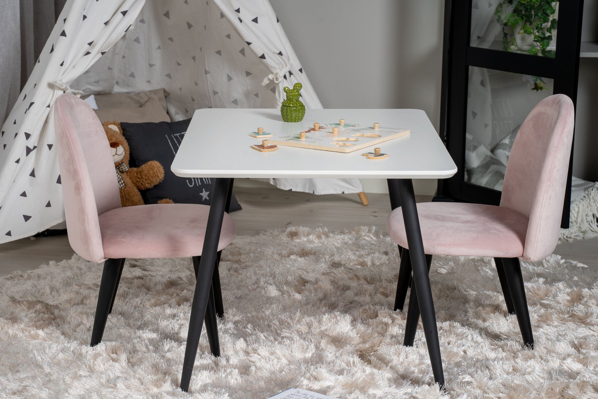 Venture Home Polar spisebord 80*60 XXS - White / Black +Velvet Spisebordsstol XXS - Pink Velvet _2