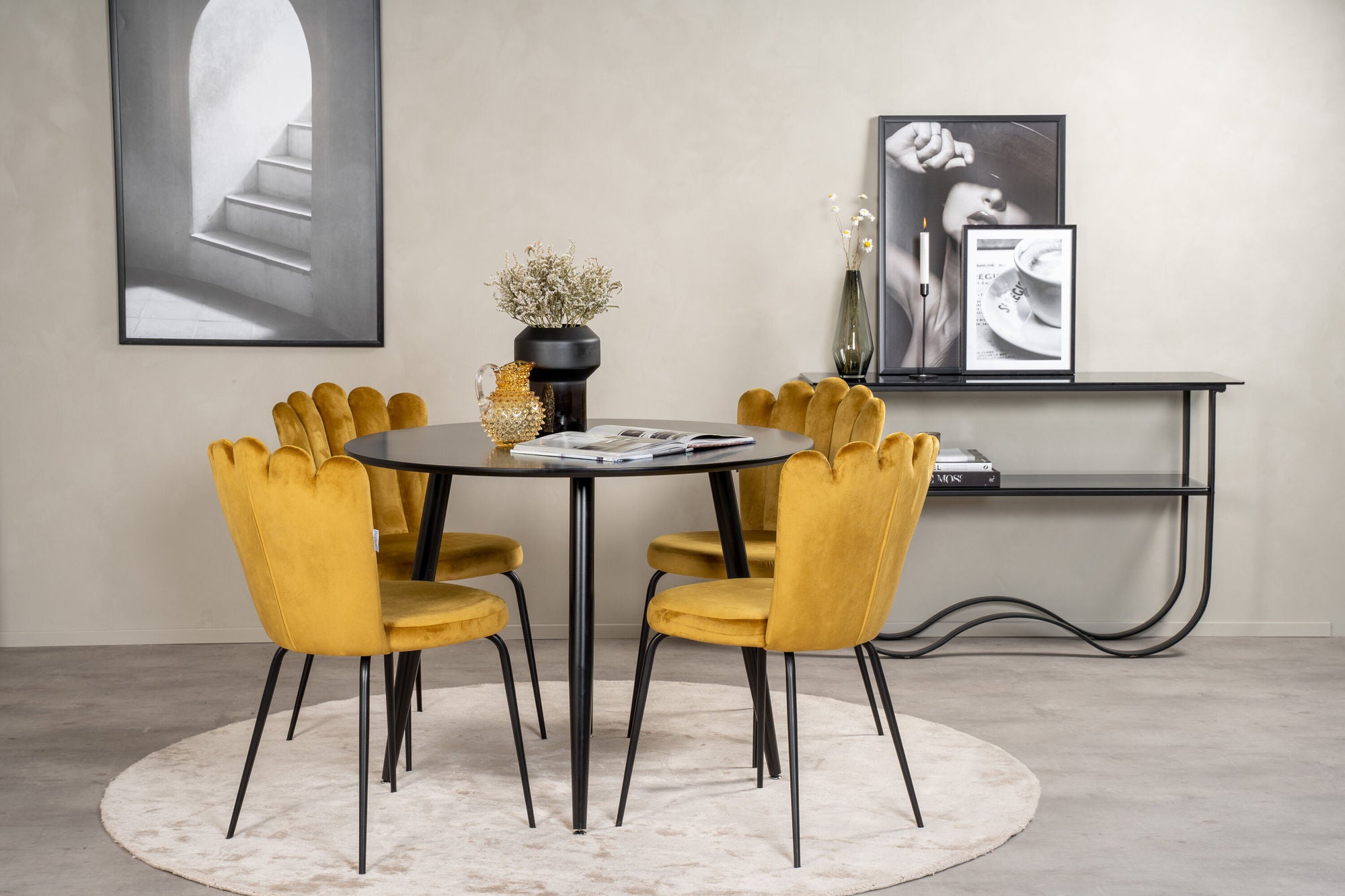 Venture Home Plaza Runt Matbord - Svart / Svart - ø100*H75 +Limhamn stol - Yellow _4