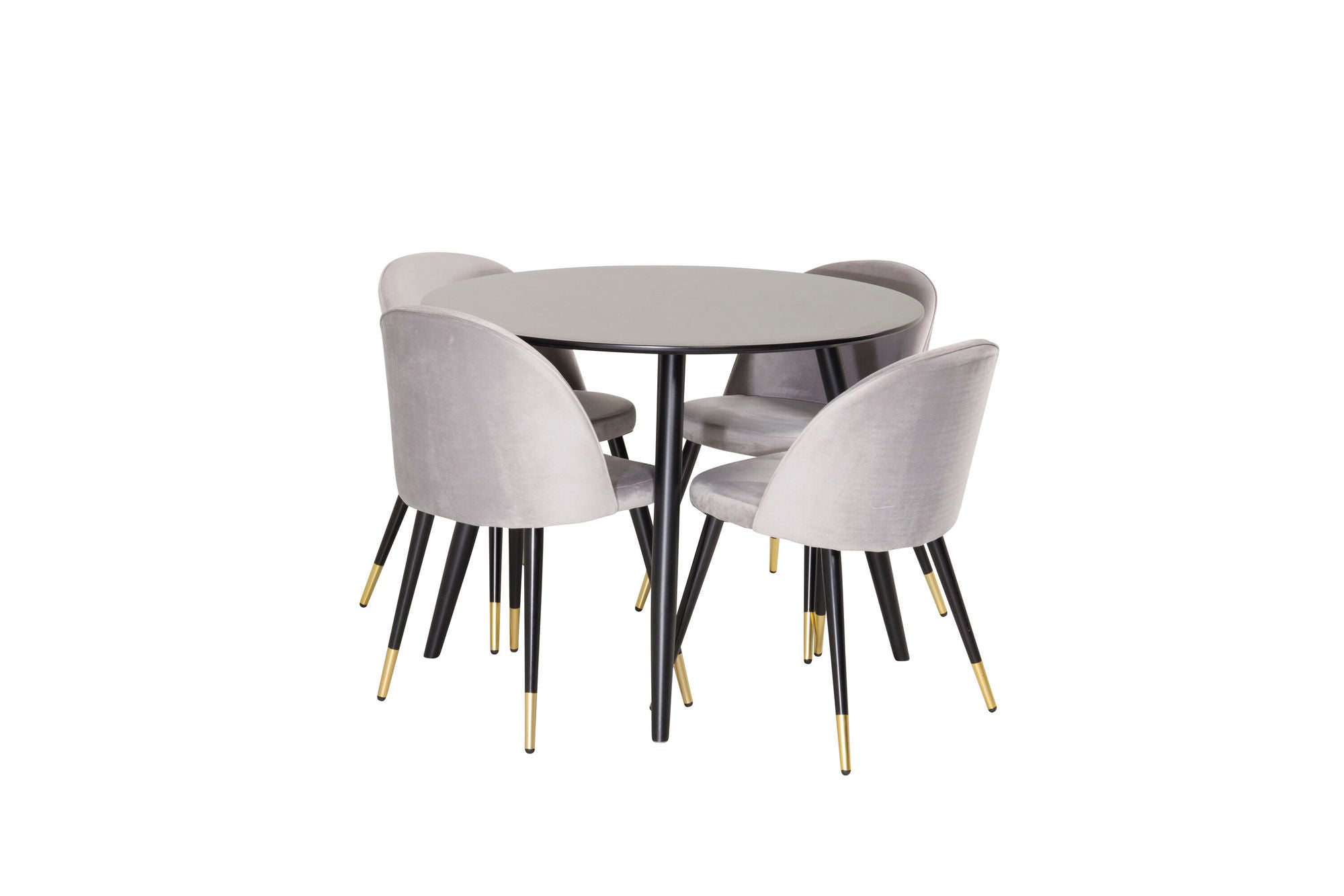 Venture Home Plaza Runt Matbord - Svart / Svart - ø100*H75 +Velvet Spisebordsstol Brass - Light Grey / Black _4