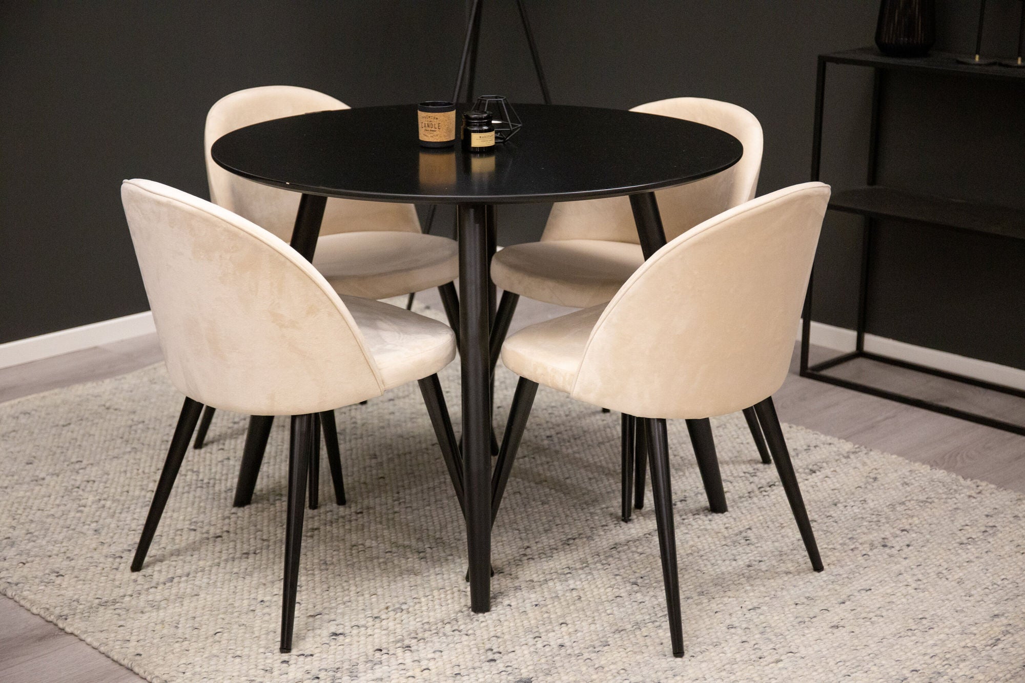 Venture Home Plaza Runt Matbord - Svart / Svart - ø100*H75 +Velvet Spisebordsstol - Beige / Black _4