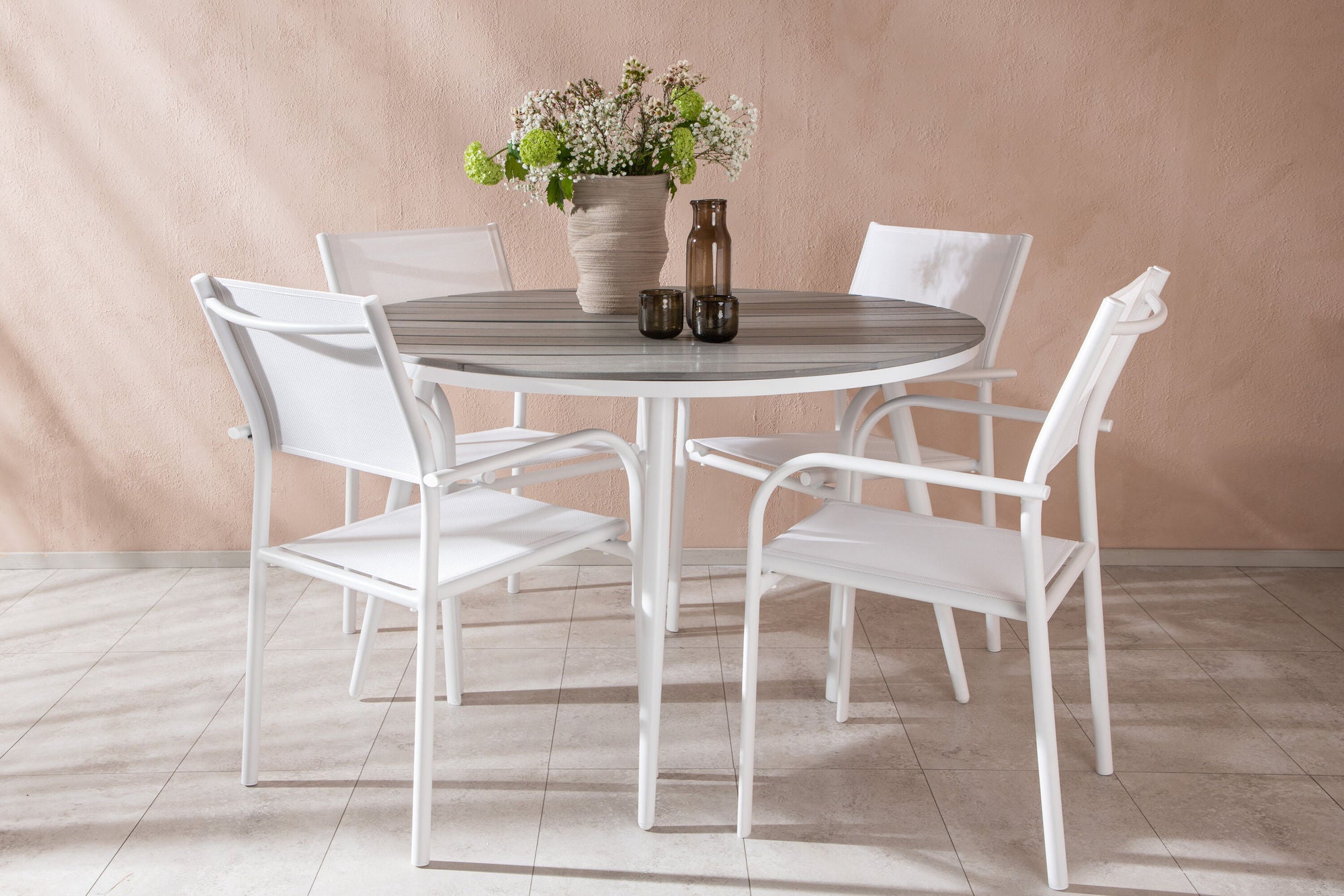 Venture Home Break - spisebord rund- White / Grey - Alu / Aintwood - 120ø +Santorini Arm stol (Stackable) - White Alu / White Textilene _4