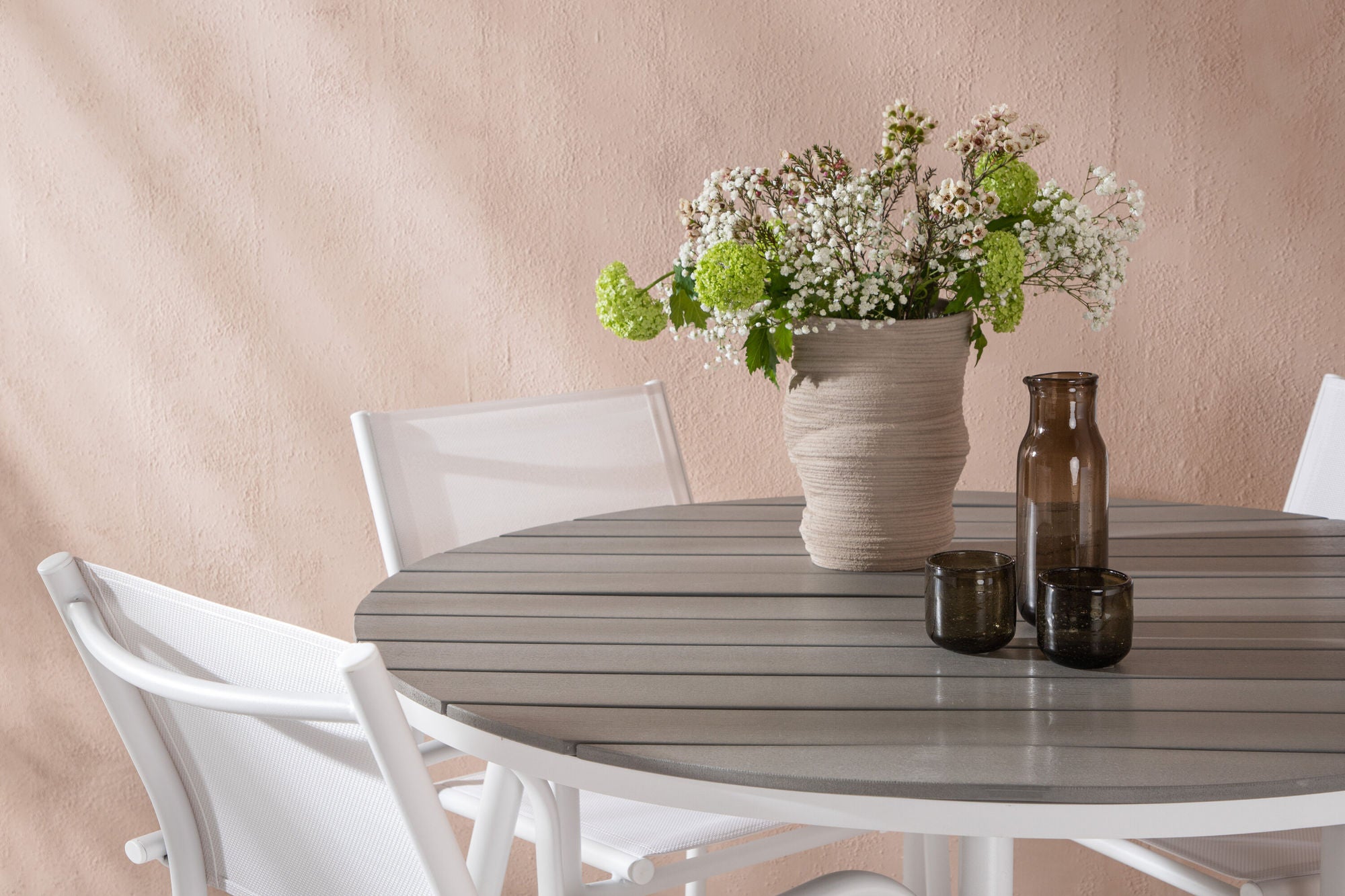 Venture Home Break - spisebord rund- White / Grey - Alu / Aintwood - 120ø +Santorini Arm stol (Stackable) - White Alu / White Textilene _4