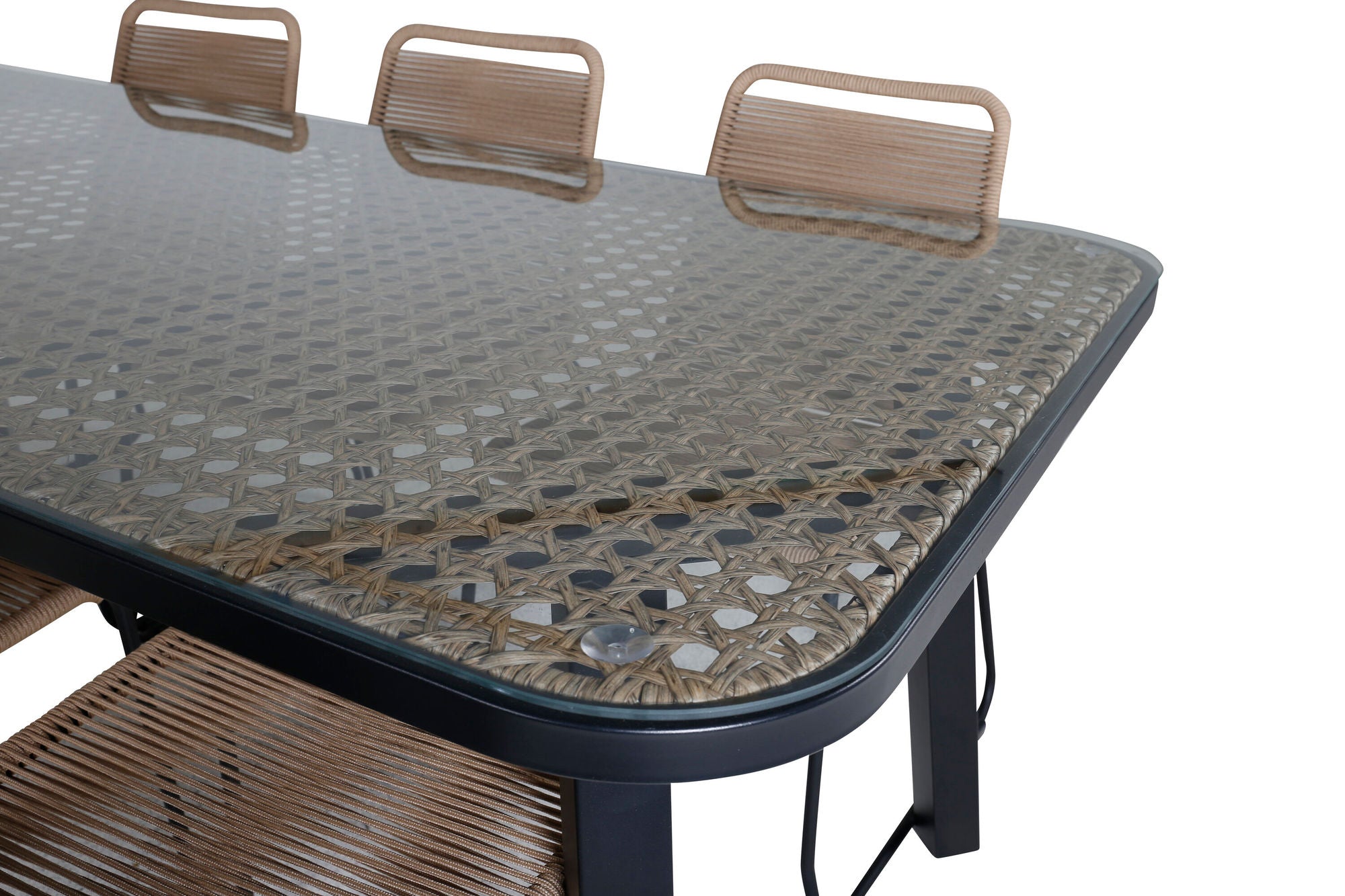 Venture Home Paola spisebord - Black Steel / Nature Wicker - 200*100+Lindos Stacking stol - Black Alu / Latte Rope_6