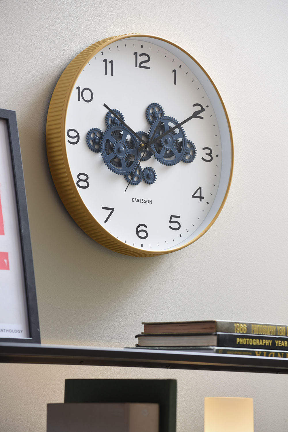 KARLSSON Wall clock Open Gear ochre yellow w. dark blue