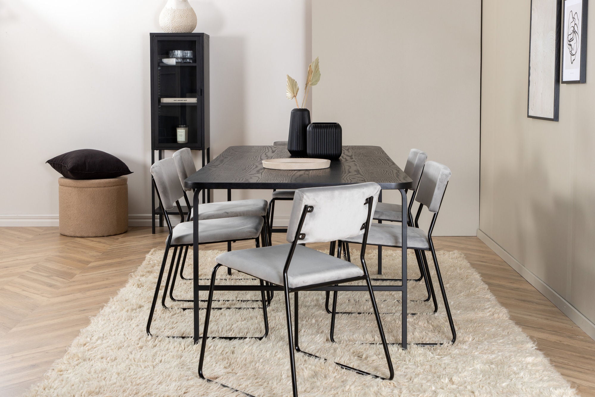 Venture Home Uno spisebord - Black / Black Veneer+Kenth stol - Black / Light Grey Velvet_6