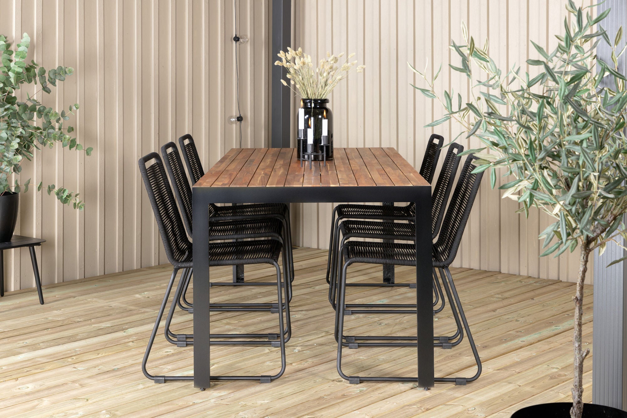 Venture Home Bois spisebord 205*90cm - Black Legs / Acacia +Lindos Stacking stol - Black Alu / Black Rope_6