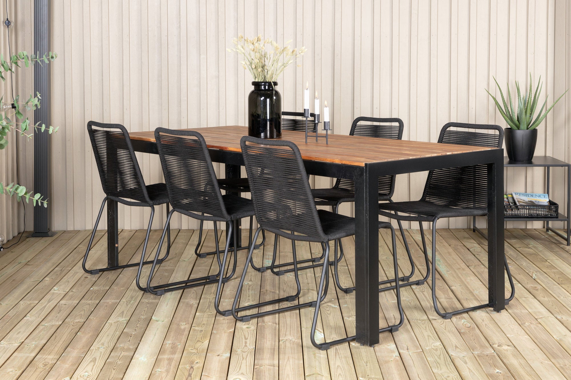 Venture Home Bois spisebord 205*90cm - Black Legs / Acacia +Lindos Stacking stol - Black Alu / Black Rope_6