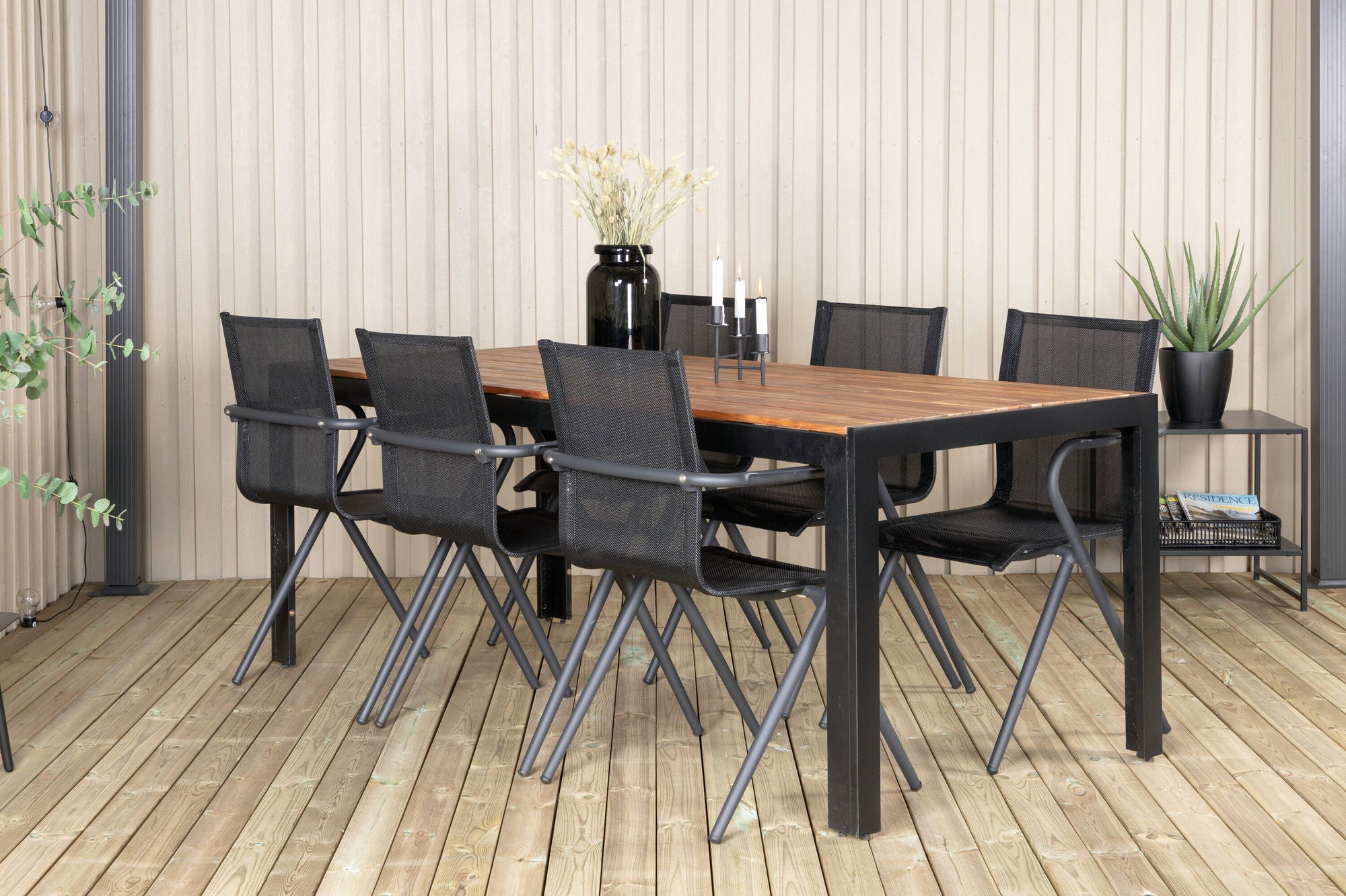Venture Home Bois spisebord 205*90cm - Black Legs / Acacia +Alina Spisebordsstol - Black Alu / Black Textilene_6