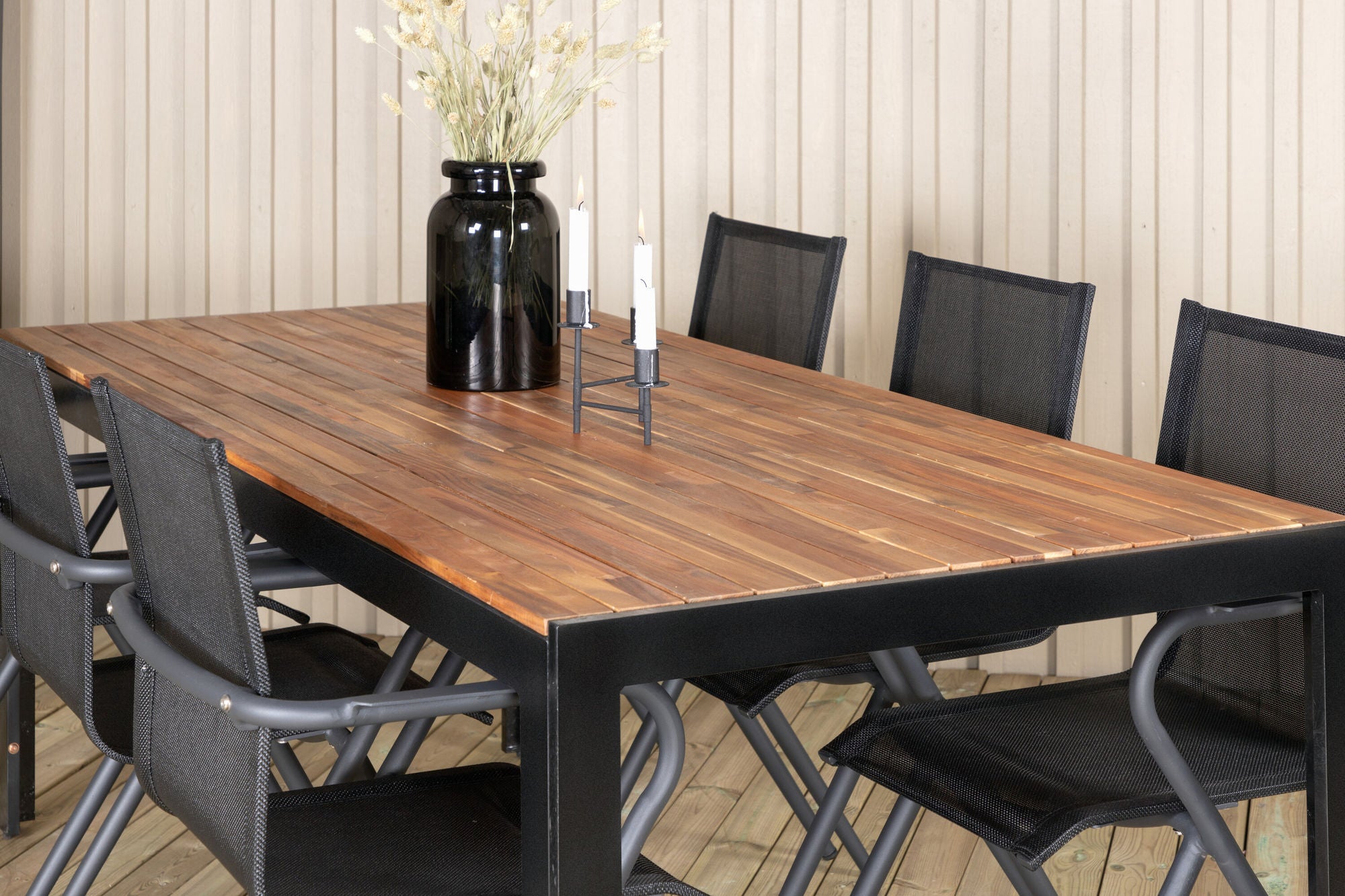 Venture Home Bois spisebord 205*90cm - Black Legs / Acacia +Alina Spisebordsstol - Black Alu / Black Textilene_6
