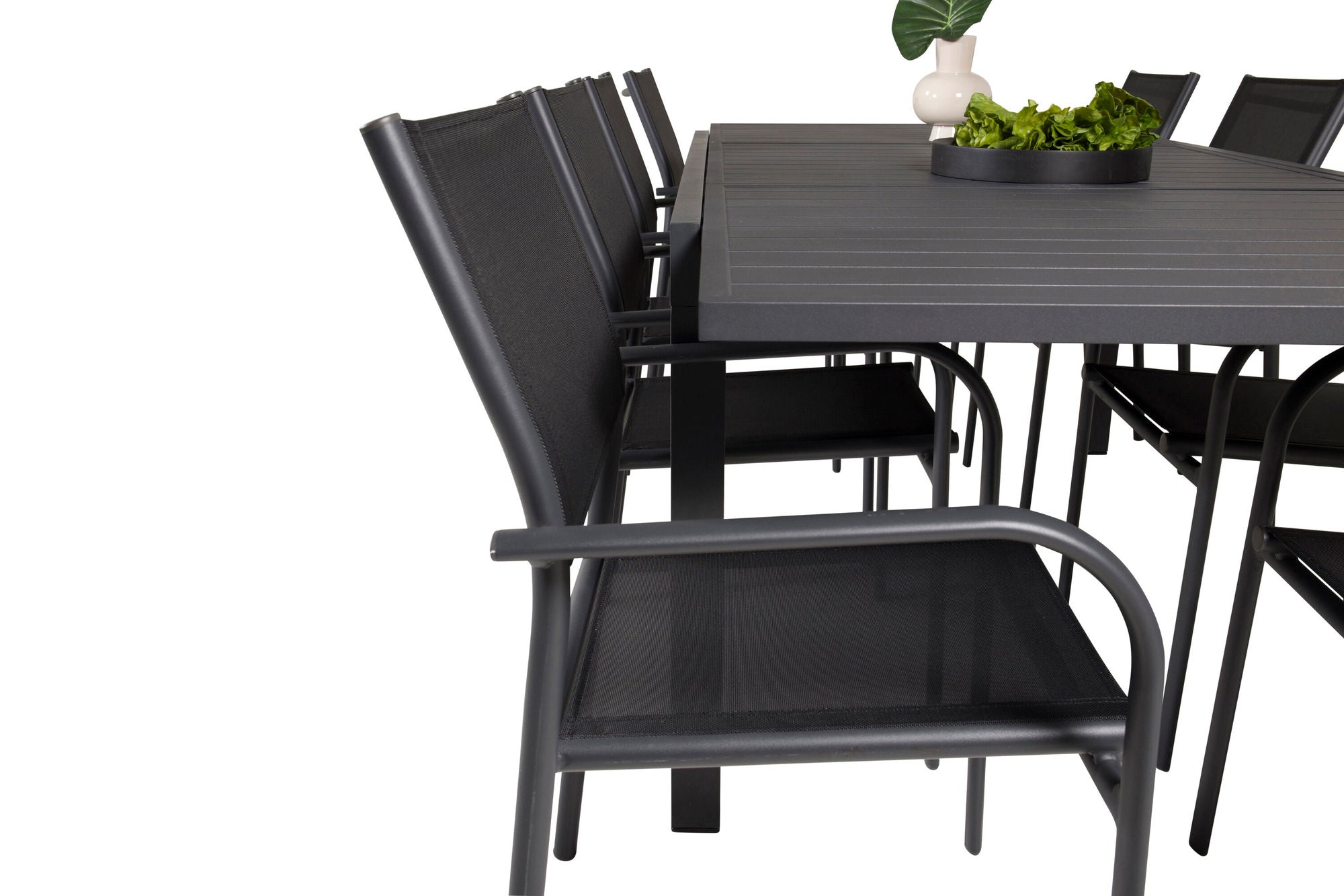 Venture Home Marbella bord 160/240 - Black/Black - Santorini Arm stol (Stackable) - Black alu / Black Textilene 8