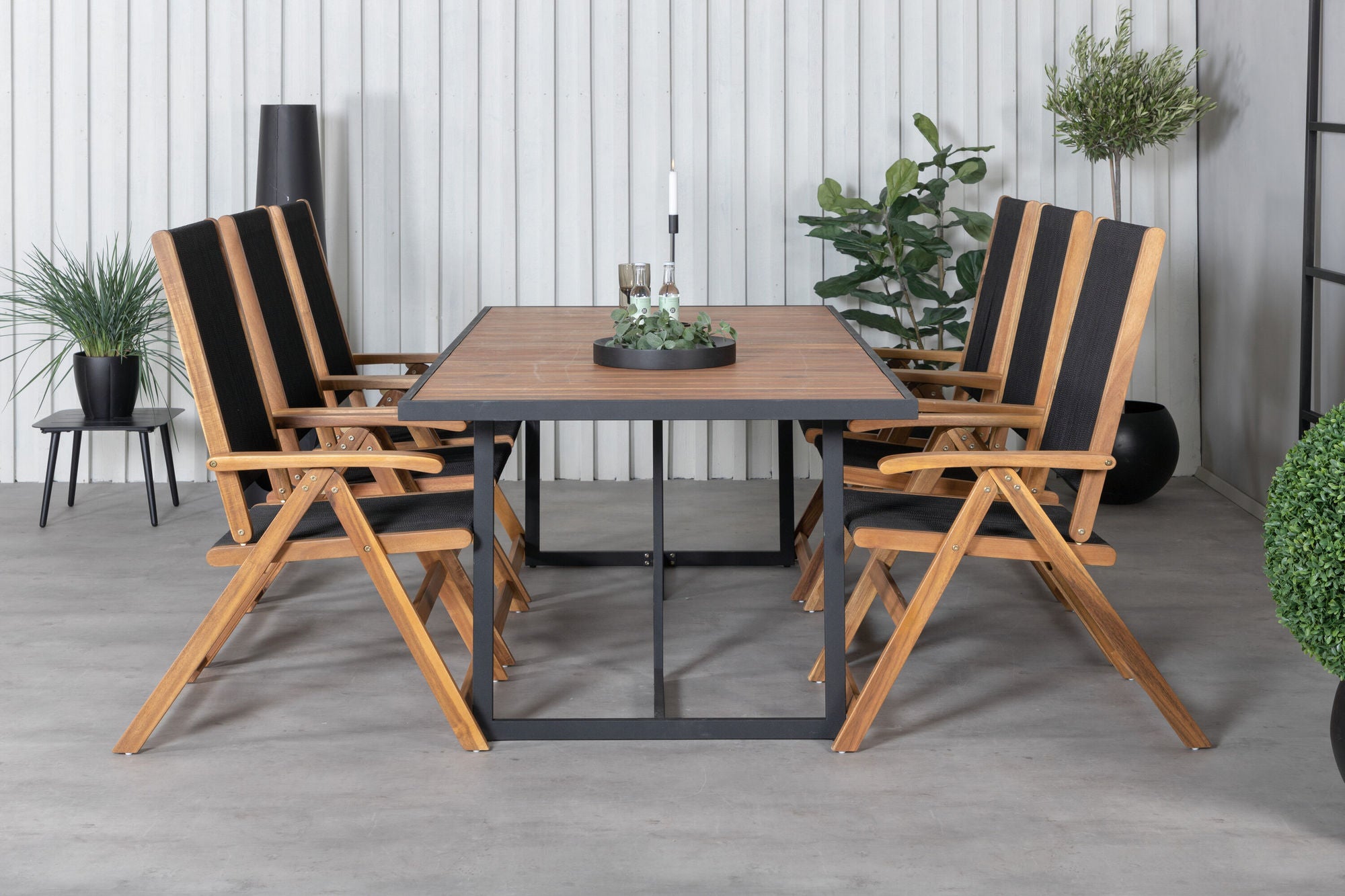 Venture Home Khung spisebord - Black Steel / Acacia (teklook) - 200*100cm+Little John foldable stol - Rope / Acacia_6