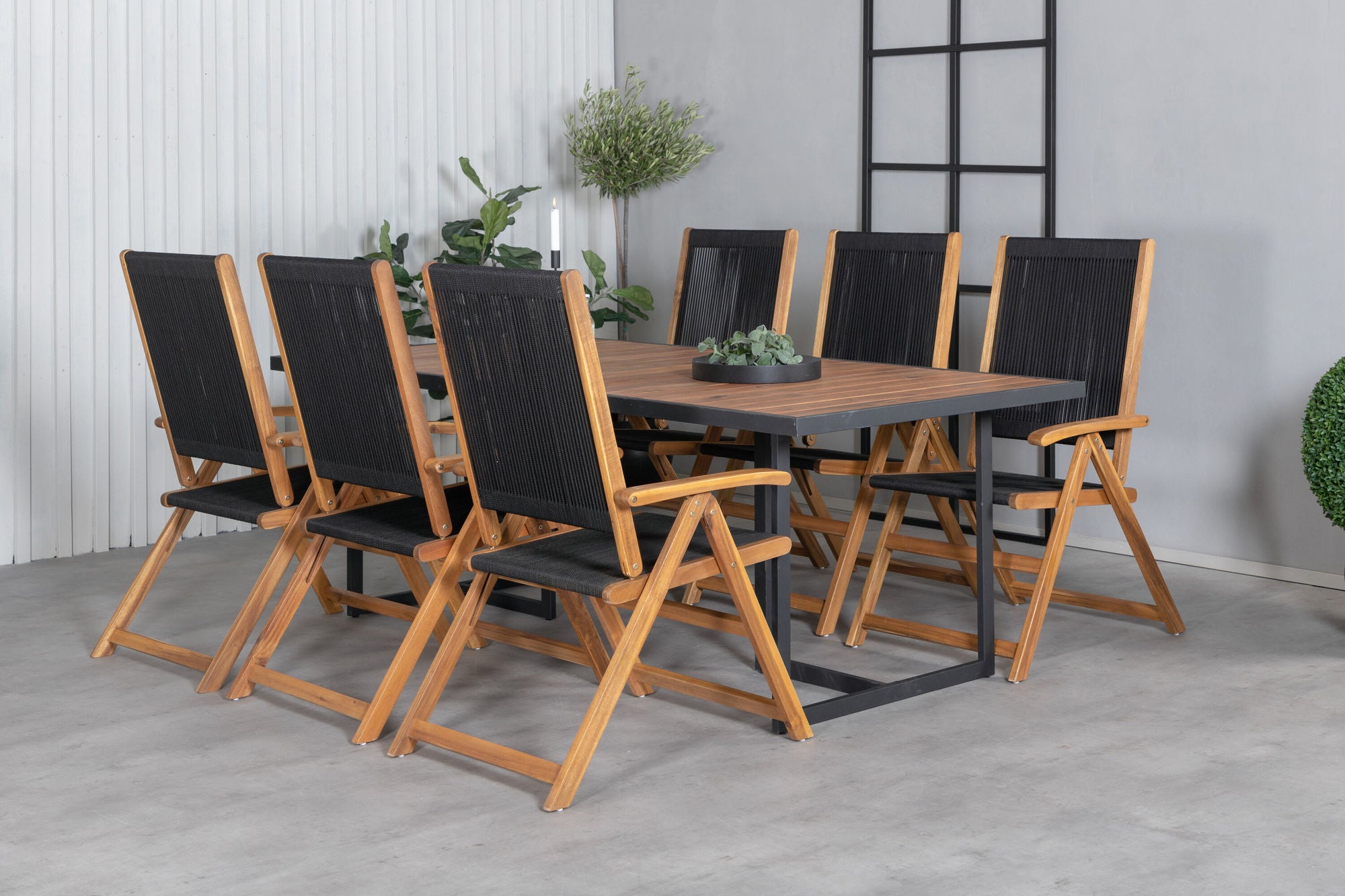 Venture Home Khung spisebord - Black Steel / Acacia (teklook) - 200*100cm+Little John foldable stol - Rope / Acacia_6