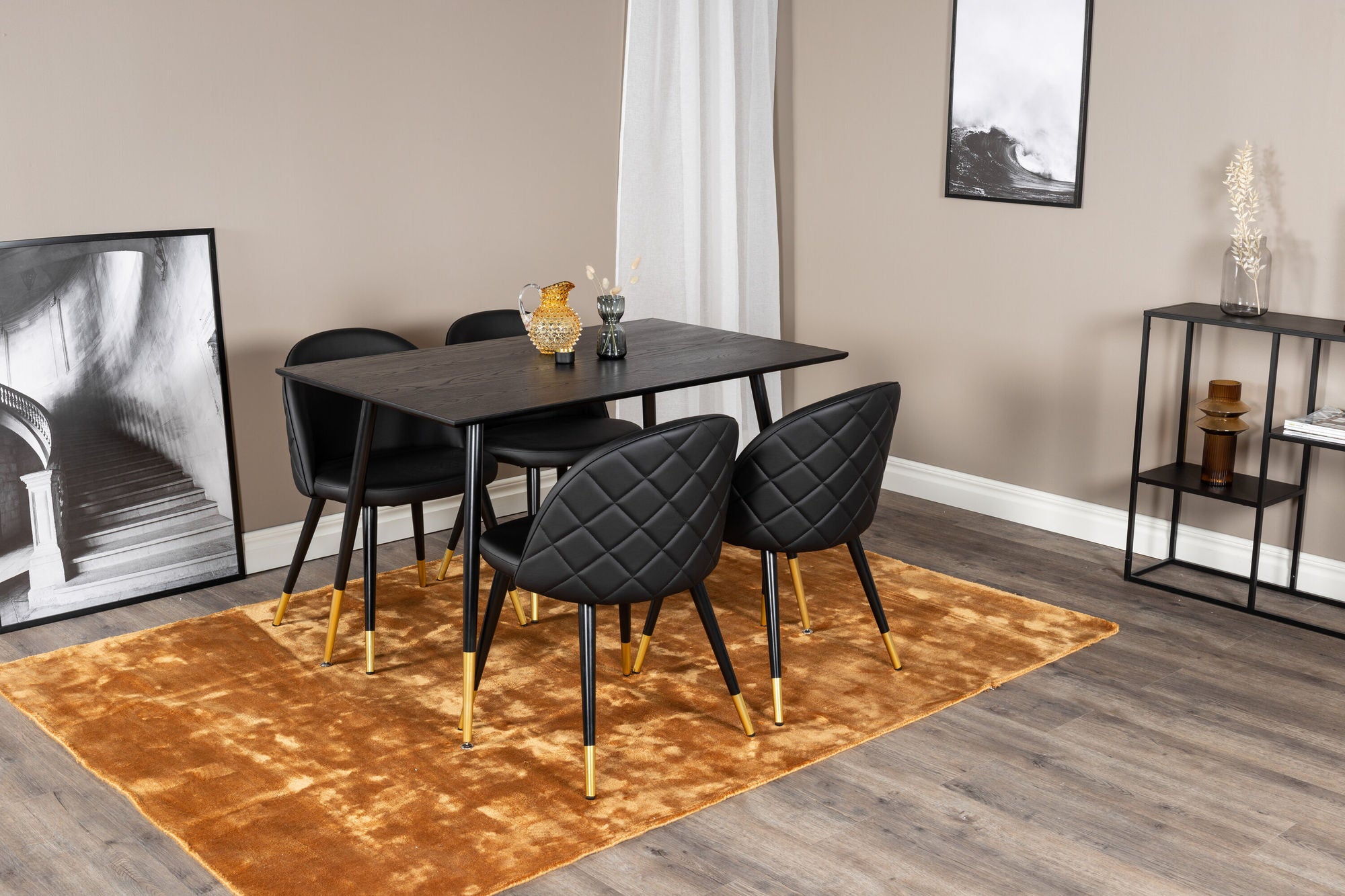 Venture Home Dipp spisebord - 120 cm - Black Veneer - Black Legs w. Brass dipp+Velvet Spisebordsstol w. Stiches - PU - Black / Black_4