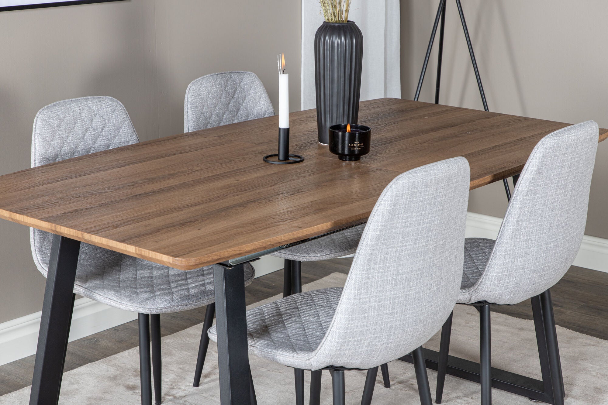 Venture Home Inca spisebord - 160/200*85*H75 - Oak / Black+Polar Diamond Spisebordsstol - Black Legs - Grey Fabric_4