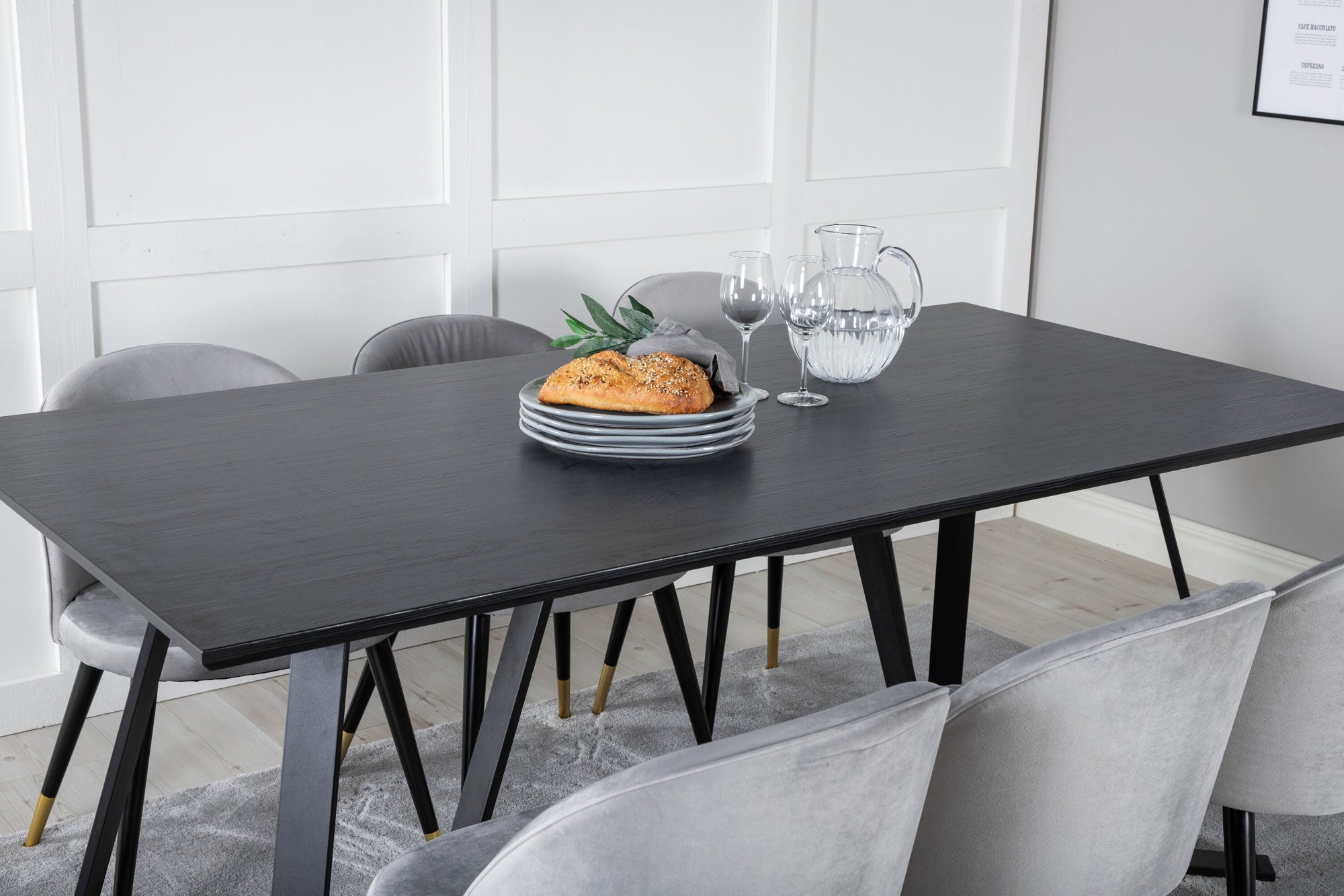 Venture Home Marina spisebord - Black top / Black Legs +Velvet Spisebordsstol Brass - Light Grey / Black_6