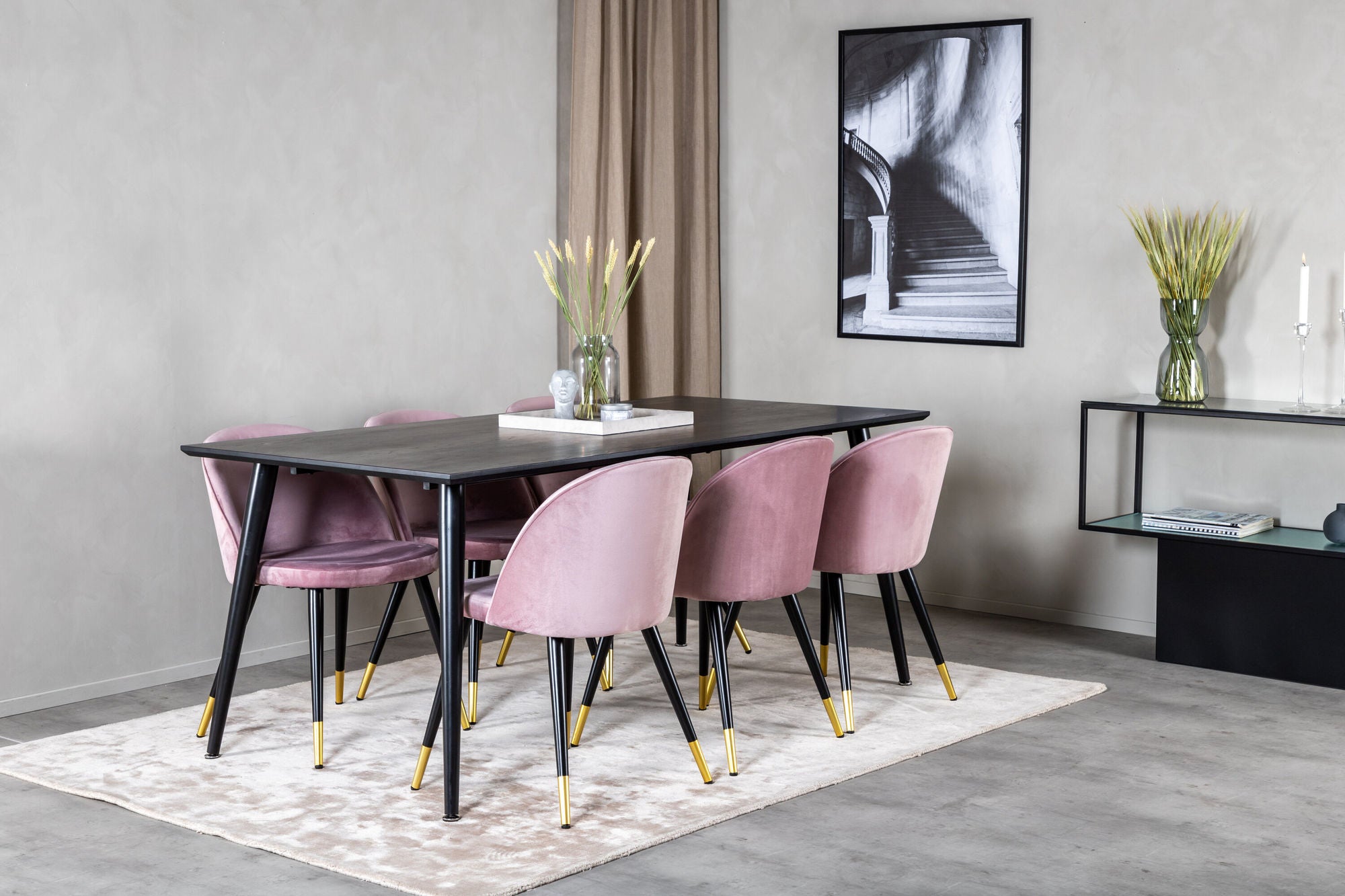 Venture Home Dipp spisebord - 180*90cm - Black Veneer / all black legs +Velvet Spisebordsstol Brass - Pink / Black_6