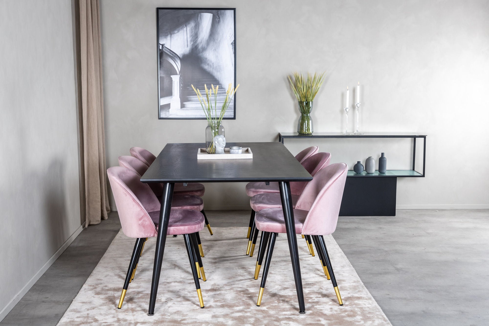 Venture Home Dipp spisebord - 180*90cm - Black Veneer / all black legs +Velvet Spisebordsstol Brass - Pink / Black_6