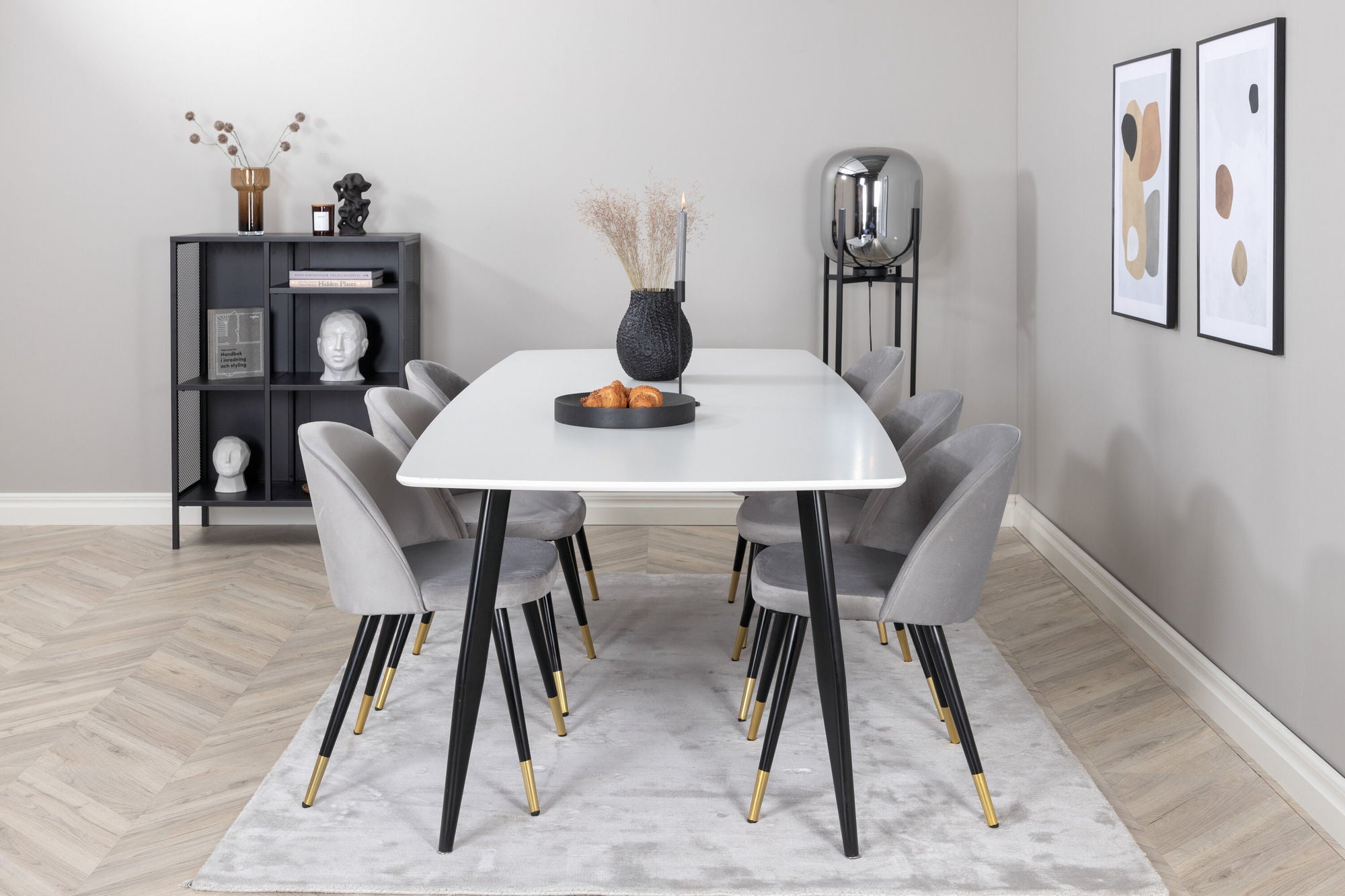 Venture Home Polar Elips Matbord - Svart / Vit - 240*100*H75 +Velvet Spisebordsstol Brass - Light Grey / Black _6