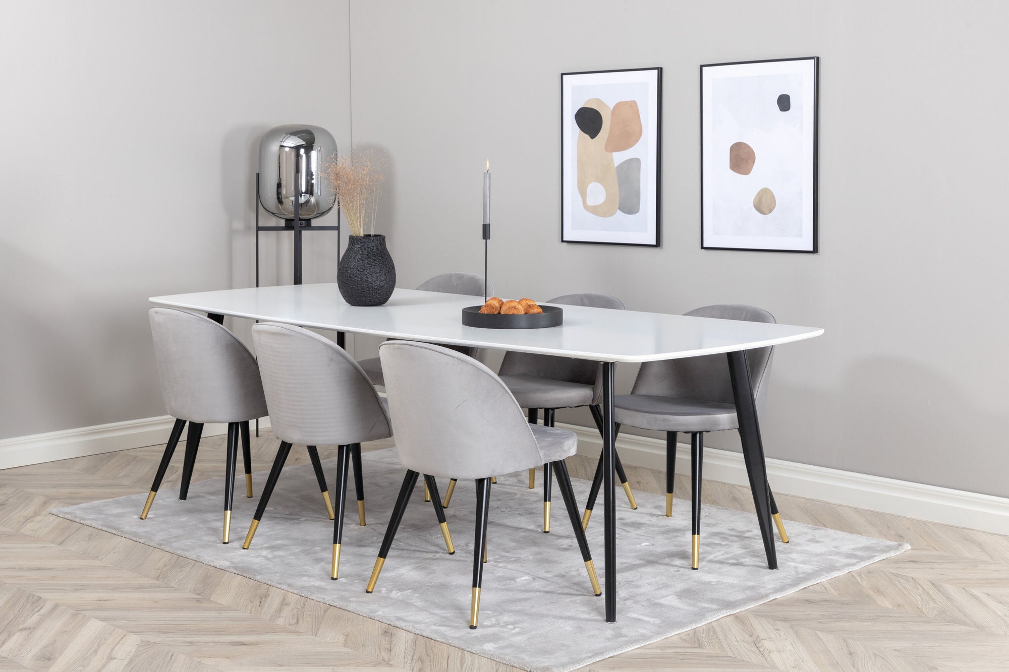 Venture Home Polar Elips Matbord - Svart / Vit - 240*100*H75 +Velvet Spisebordsstol Brass - Light Grey / Black _6