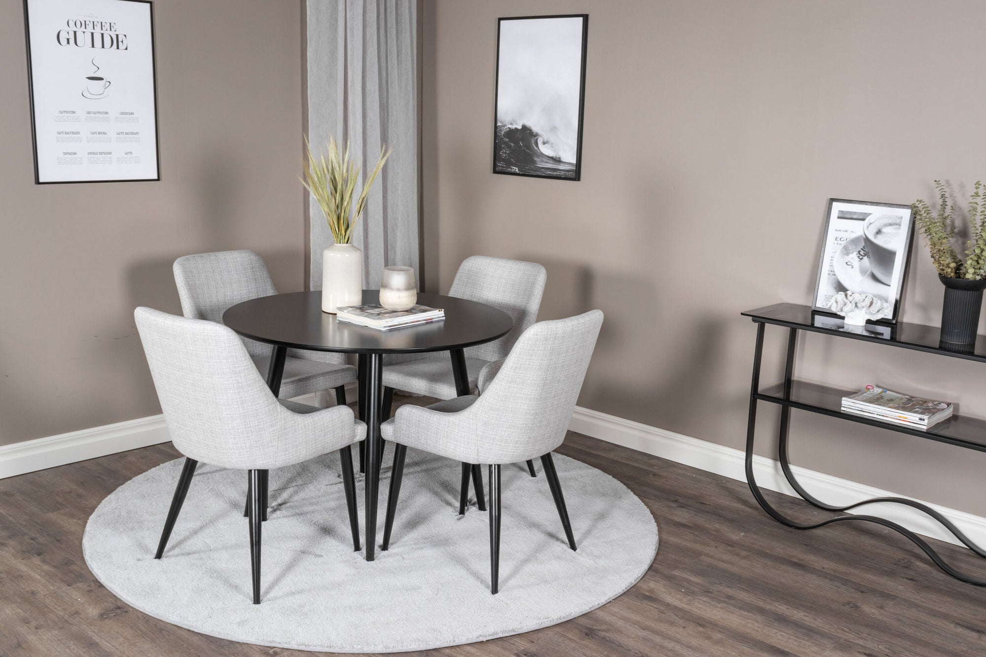 Venture Home Plaza Runt Matbord - Svart / Svart - ø100*H75 +Plaza Dining chair - Black legs - Light Grey Fabric _4