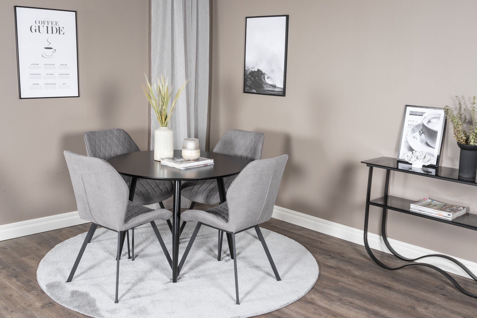 Venture Home Plaza Runt Matbord - Svart / Svart - ø100*H75 +Gemma Spisebordsstol - Black Legs - Grey Fabric _4