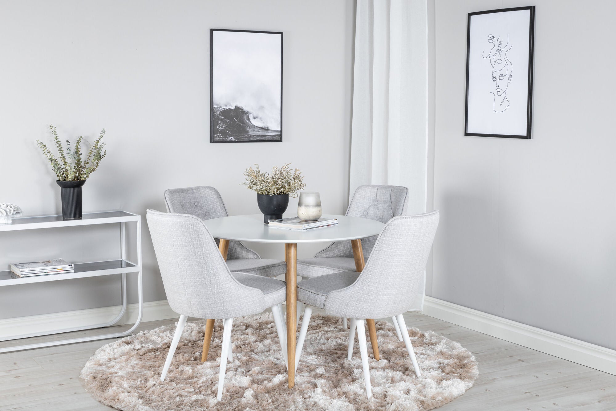 Venture Home Plaza Runt Matbord - Ek-Look / Vit - ø100*H75 +Velvet Deluxe Spisebordsstol - White Legs - Light Grey Fabric _4