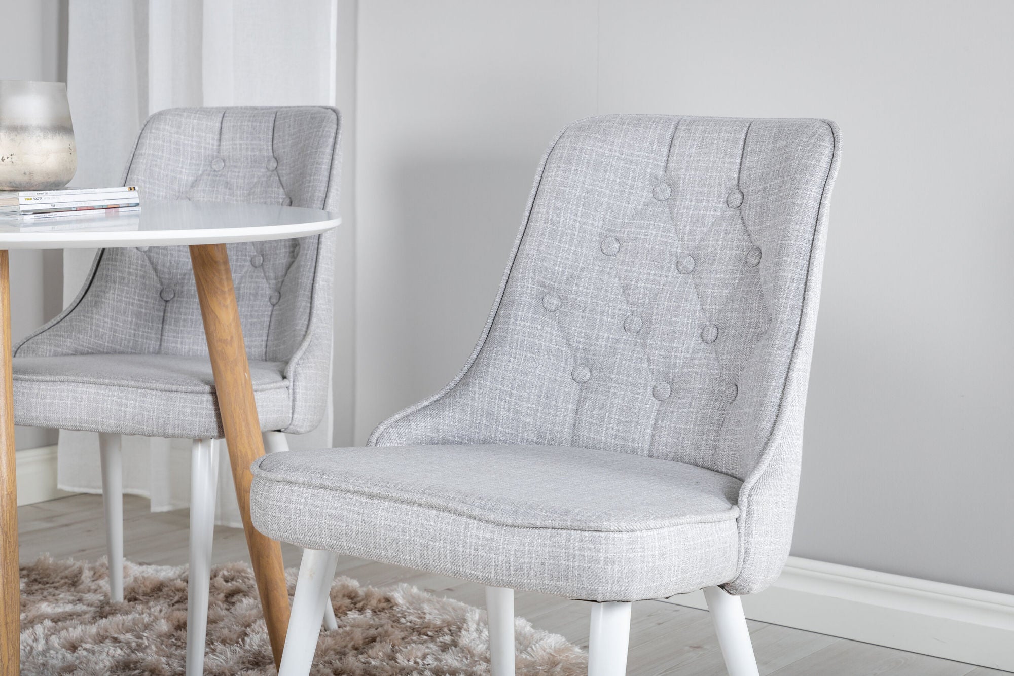 Venture Home Plaza Runt Matbord - Ek-Look / Vit - ø100*H75 +Velvet Deluxe Spisebordsstol - White Legs - Light Grey Fabric _4