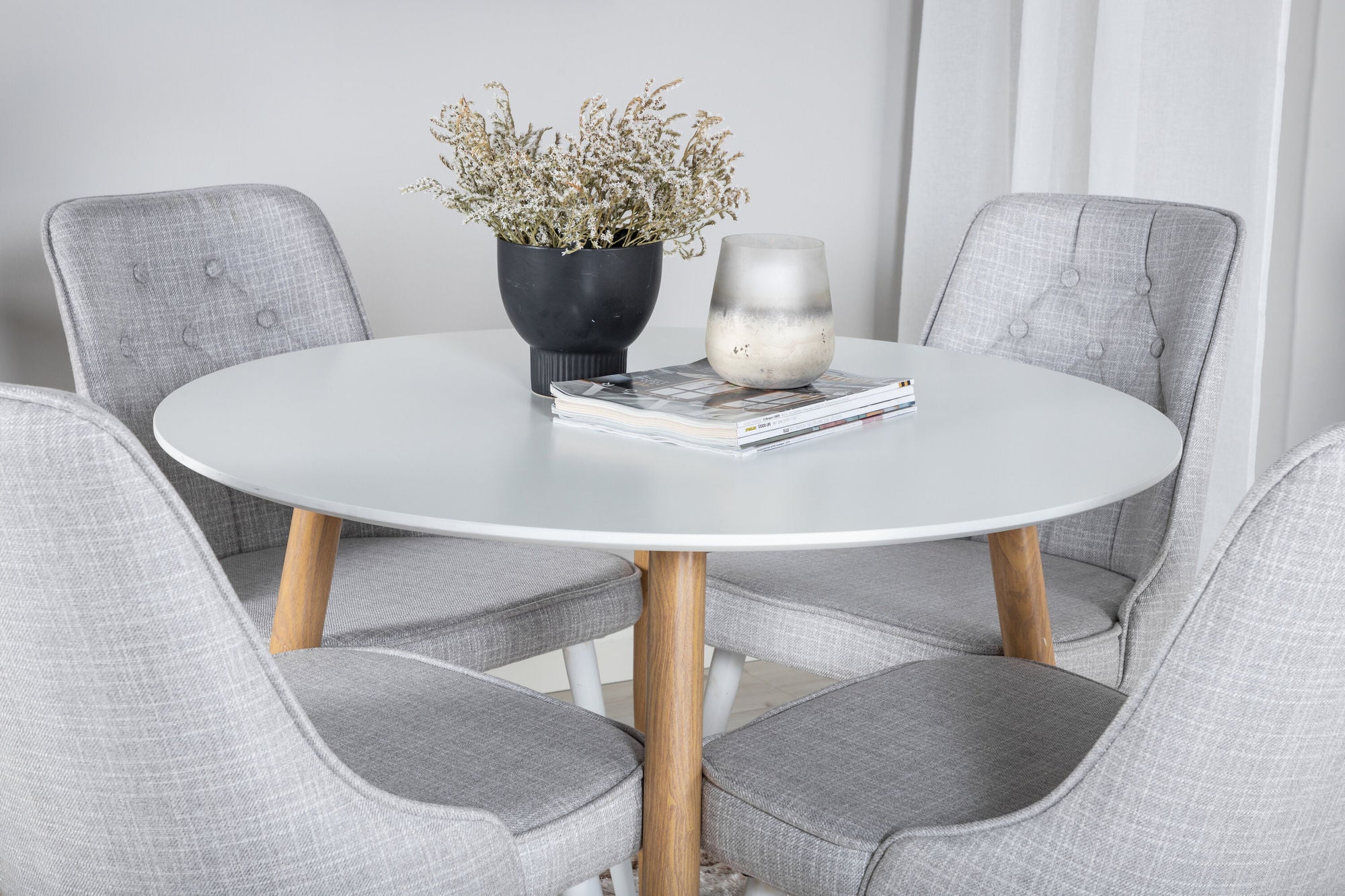 Venture Home Plaza Runt Matbord - Ek-Look / Vit - ø100*H75 +Velvet Deluxe Spisebordsstol - White Legs - Light Grey Fabric _4