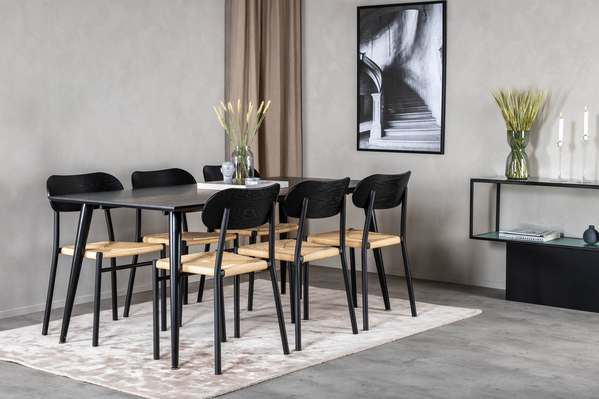 Venture Home Dipp spisebord - 180*90cm - Black Veneer / all black legs +Polly Steel Spisebordsstol 2-pack, K/D, Black back light seat _6