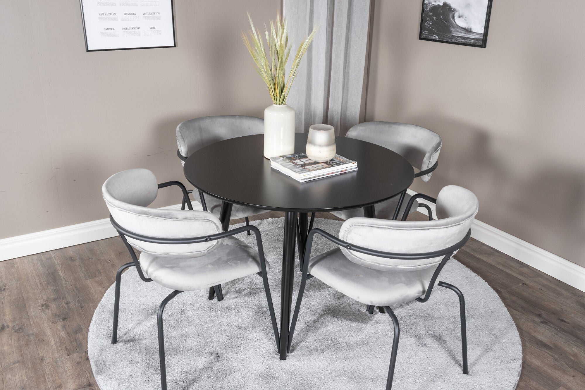 Venture Home Plaza Runt Matbord - Svart / Svart - ø100*H75 +Arrow armchair - Black Legs - Grey Velvet _4