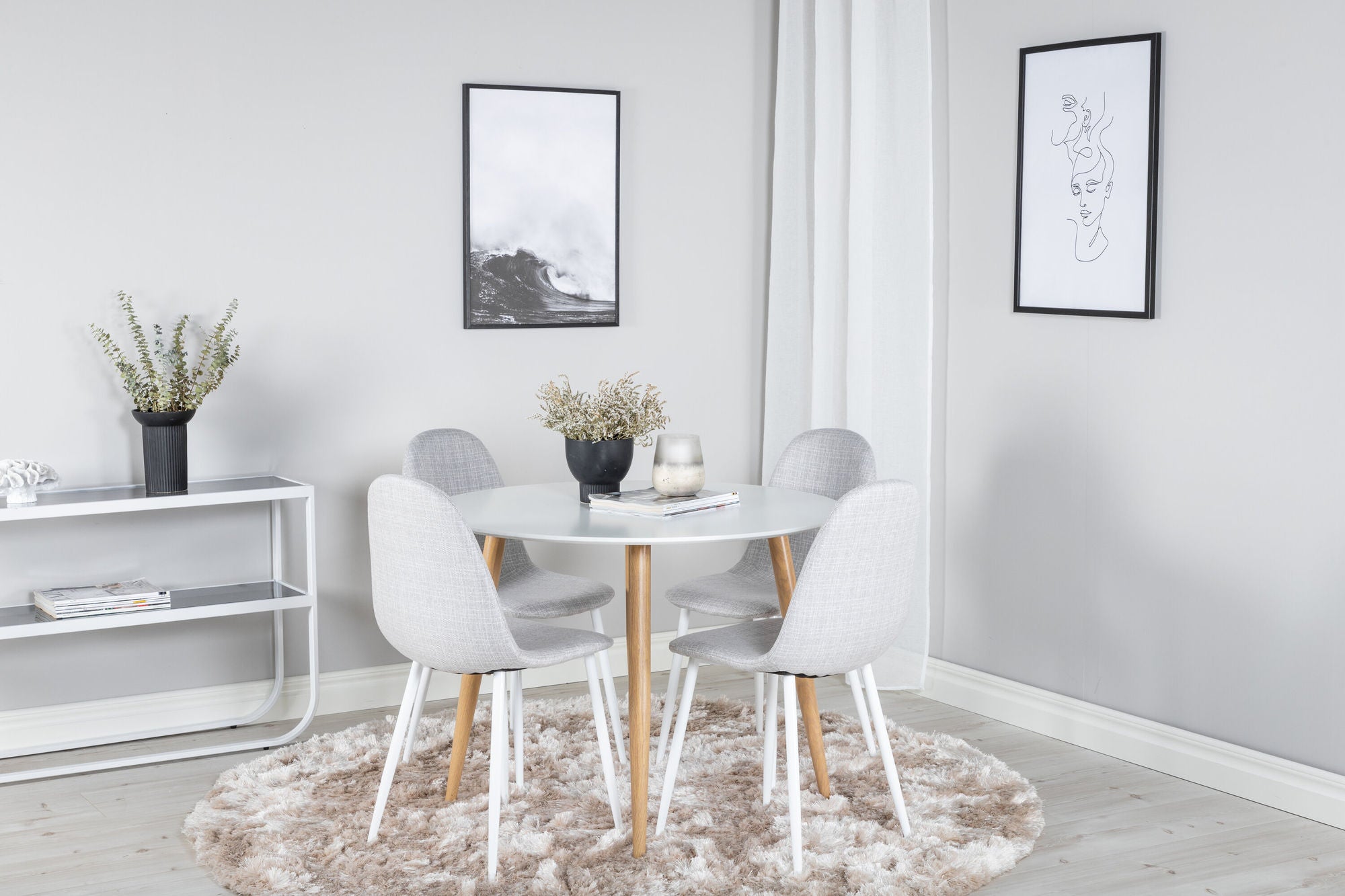 Venture Home Plaza Runt Matbord - Ek-Look / Vit - ø100*H75 +Polar Spisebordsstol - White Legs - Light Grey Fabric _4