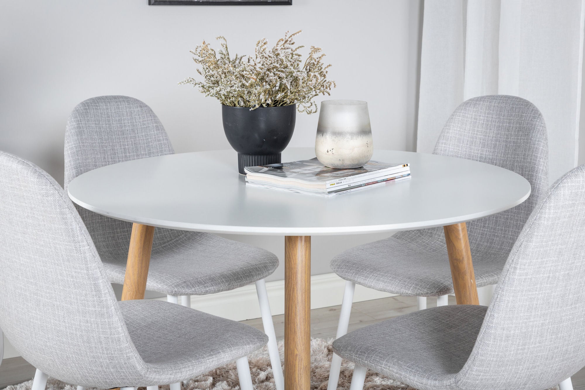 Venture Home Plaza Runt Matbord - Ek-Look / Vit - ø100*H75 +Polar Spisebordsstol - White Legs - Light Grey Fabric _4