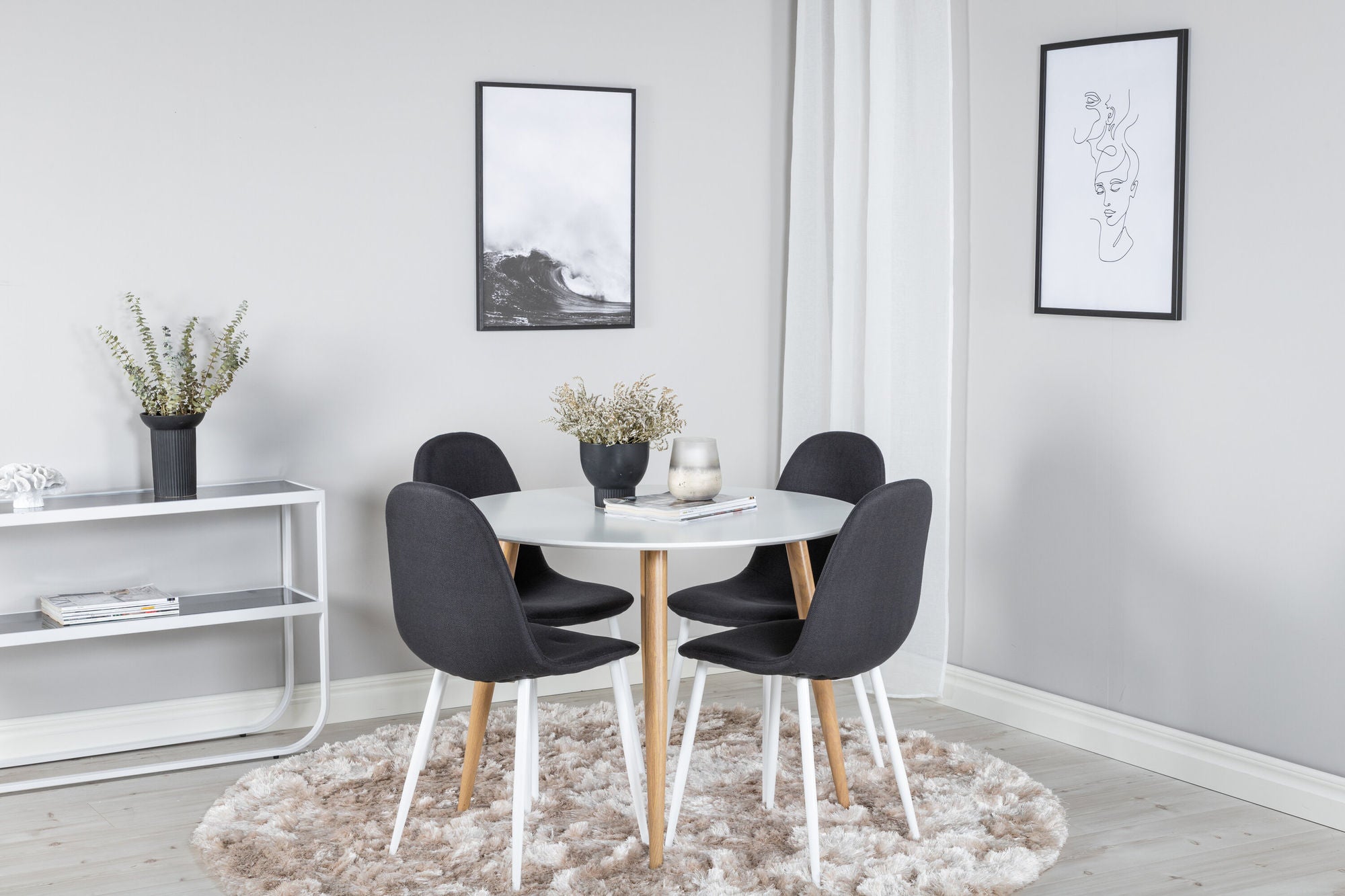 Venture Home Plaza Runt Matbord - Ek-Look / Vit - ø100*H75 +Polar Spisebordsstol - White Legs - Black Fabric _4