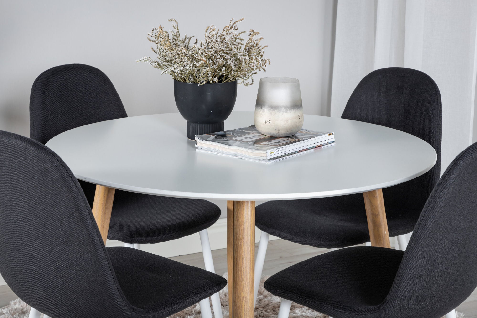 Venture Home Plaza Runt Matbord - Ek-Look / Vit - ø100*H75 +Polar Spisebordsstol - White Legs - Black Fabric _4